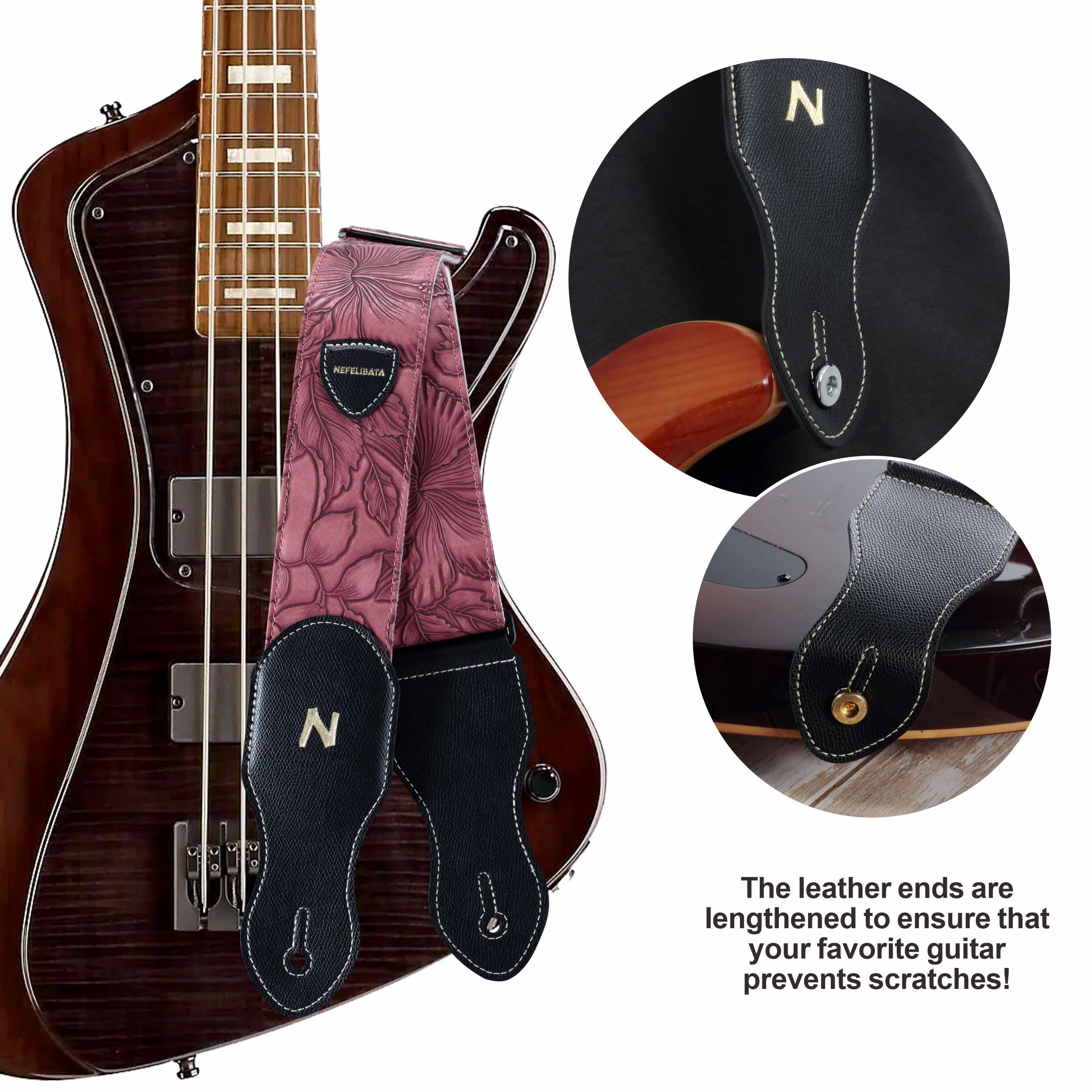 Nefelibata Correa de guitarra,2.3" de cuero tallado estilo Porter, púa de guitarra,botón de correa y cierre de correa