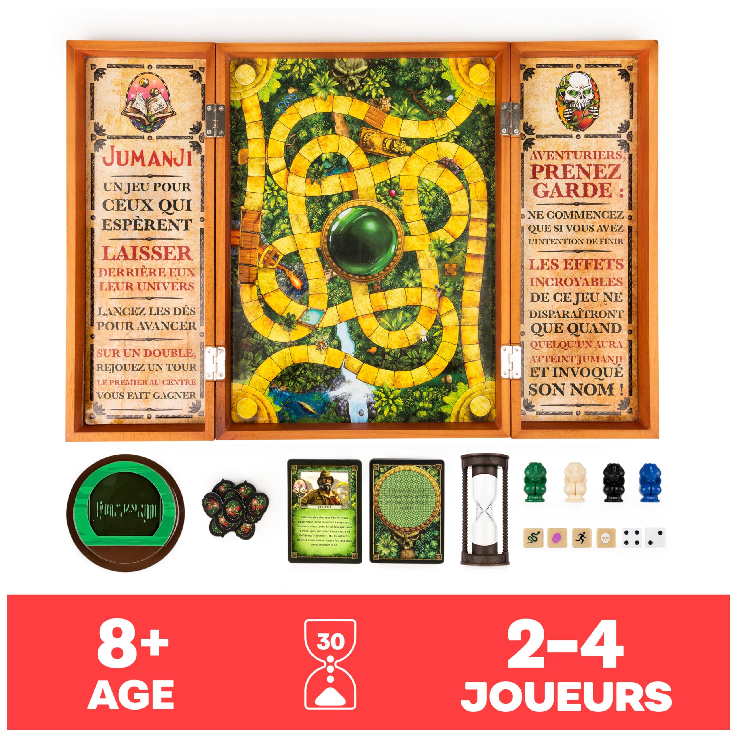 Spin Master Games - Jeu Jumanji avec Plateau Bois Retro - Jeu de Société Famille avec Nombreux Défis - Ambiance du Film Jumanji - Version Française - Jouet Enfant 8 Ans Et +
