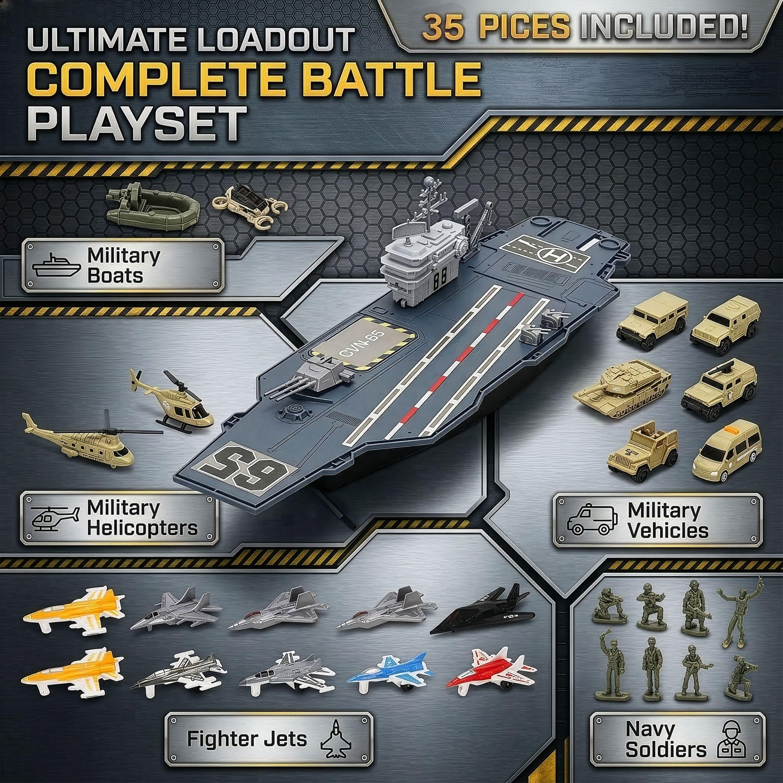 33 Inch Aircraft Carrier Mega Playset with Toy Soldiers, Jets