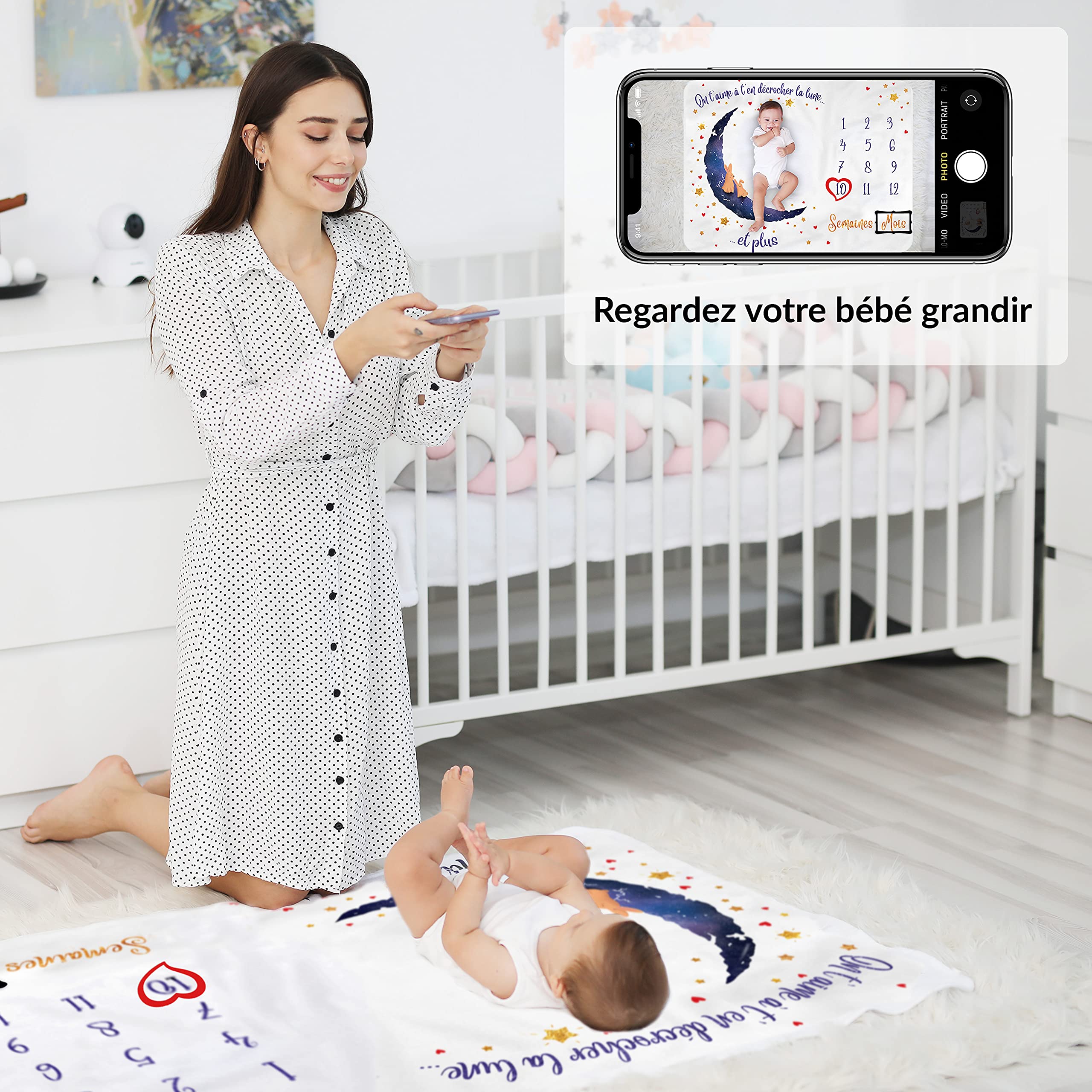 ODOXIA Couverture Etape Bébé en Français | Tapis Mois Bebe Garçon Ou Fille, Unisexe | Couverture Personnalisée Babyshower | Thème Lune | Douce et Épaisse Photo | Suivez Sa Croissance
