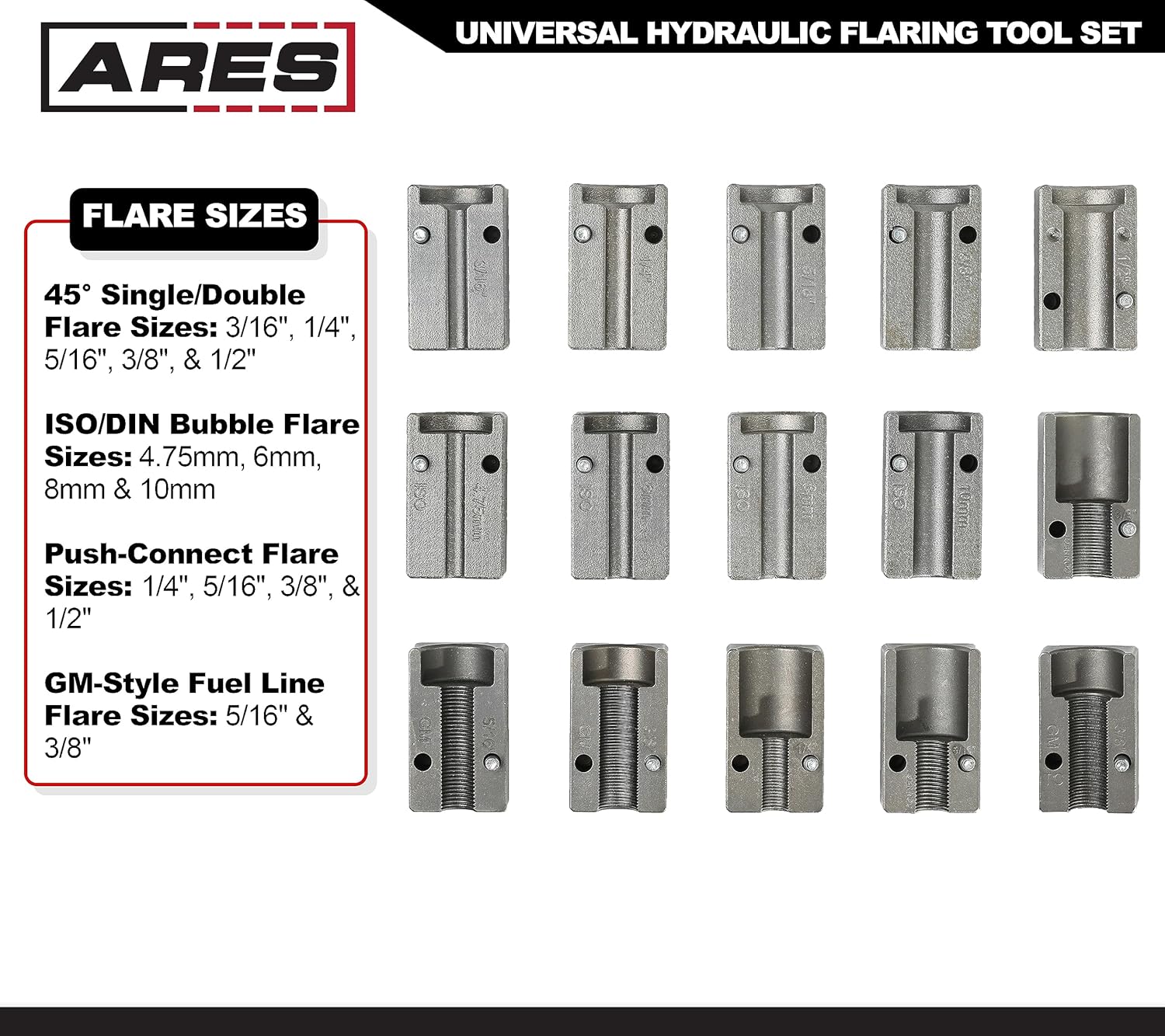 ARES 18010 - Universal Hydraulic Flaring Tool Set - Create 45 Degree Single or Double Flares, ISO and DIN Bubble Flares, Push Connect Flares and GM Fuel Line Flares