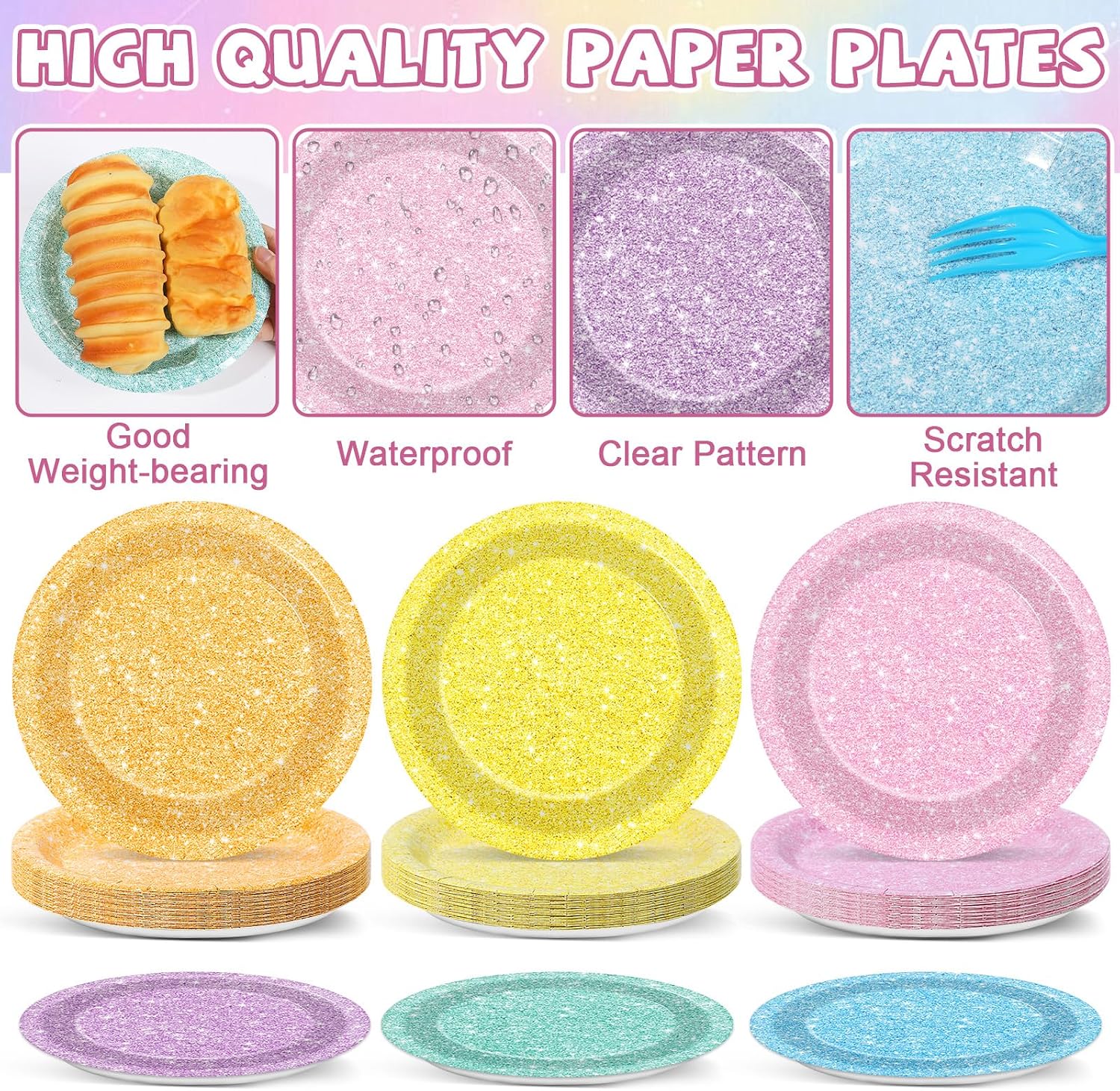 CHUNNIN 96Pcs Pastel Rainbow Party Plates and Napkins Forks for Colorful Rainbow Birthday Decorations Baby Shower Glittery Plates Set for 24 Guests Birthday Party Supplies Favors