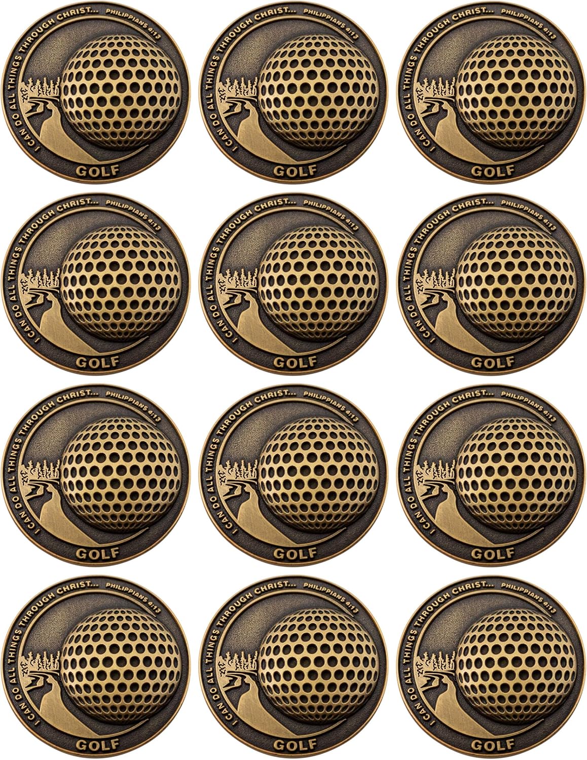 Christian Sports Coin for Young Athletes, Pack of 12, Bulk Gift for Golf Team, for Boys & Girls, I Can Do All Things Through Christ, Antique Gold Plated Challenge Coin, Philippians 4:13