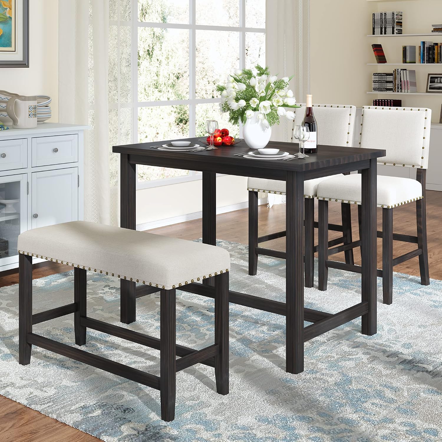 Merax 4 Piece Counter Height Dining Set with table, two chairs, and a bench