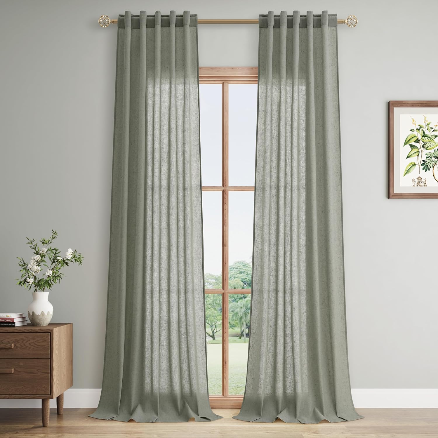 Naturoom 108 Inch Semi Sheer Linen Curtains 2 Panels Set Back Tab Rod Pocket Light Filtering Morden Farmhouse Drapes Window Treatments for Bedroom Living Room 40x108 Sage Green