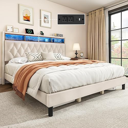 DWVO King Bed Frame with Upholstered Headboard, Platform Bed Frame with LED Lights & Charging Station, No Box Spring Needed, Beige