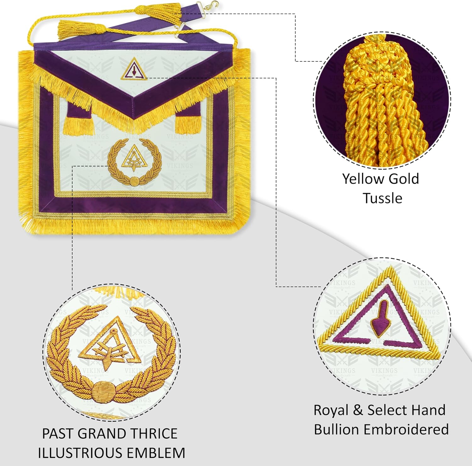 Royal & Select Masters Council Apron for Past Grand Thrice Illustrious Master – Purple Velvet Gold Bullion Hand Embroidery – 14x16 Ceremonial Regalia with Snake Buckle