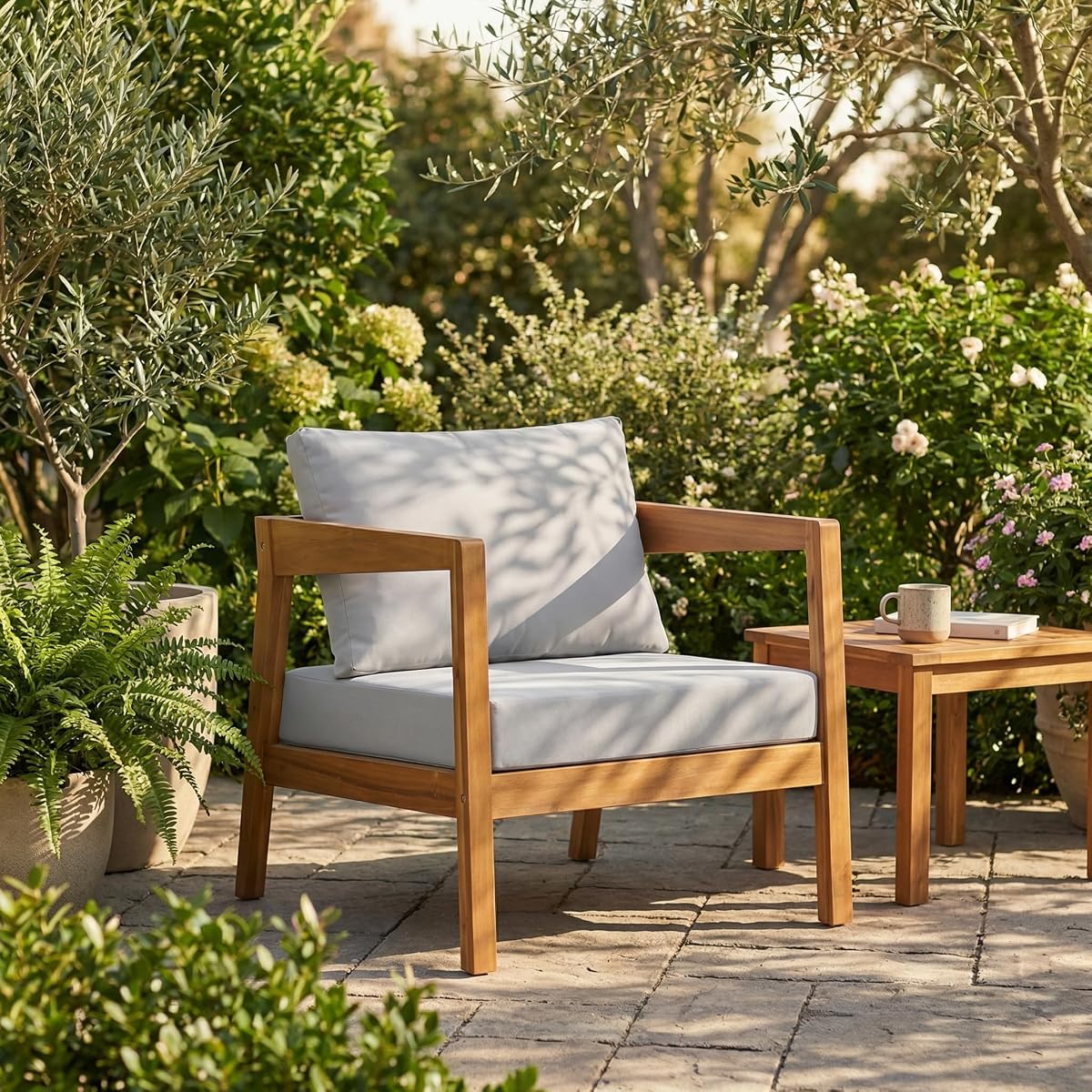 Christopher Knight Home Grice Acacia Wood Lounge Chair Outdoor with Removable Cushion, Wooden Patio Accent Chair with Open Frame Design, Outdoor Armchair for Patio Furniture Set, Light Grey + Teak