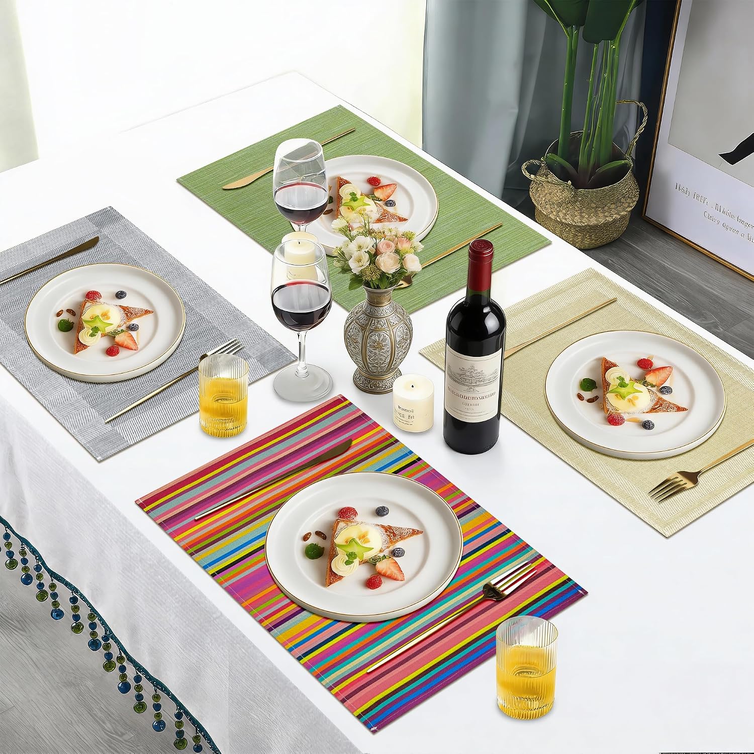 Bloss Placemats Set of 4, Linen Woven Place Mats for Kitchen Table Indoor/Outdoor, 12" x 18" Washable Silver Gray Placemat Dining Table Mats