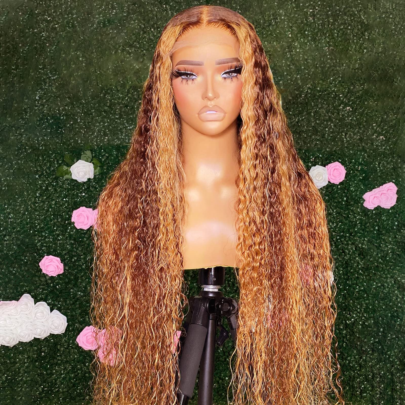 GIANNAY Brown Streak Wig Highlight Lace Front Wigs Deep Wave Wig Glueless Lace Frontal Wigs for Black Women Synthetic Heat Resistant Fiber Daily Use