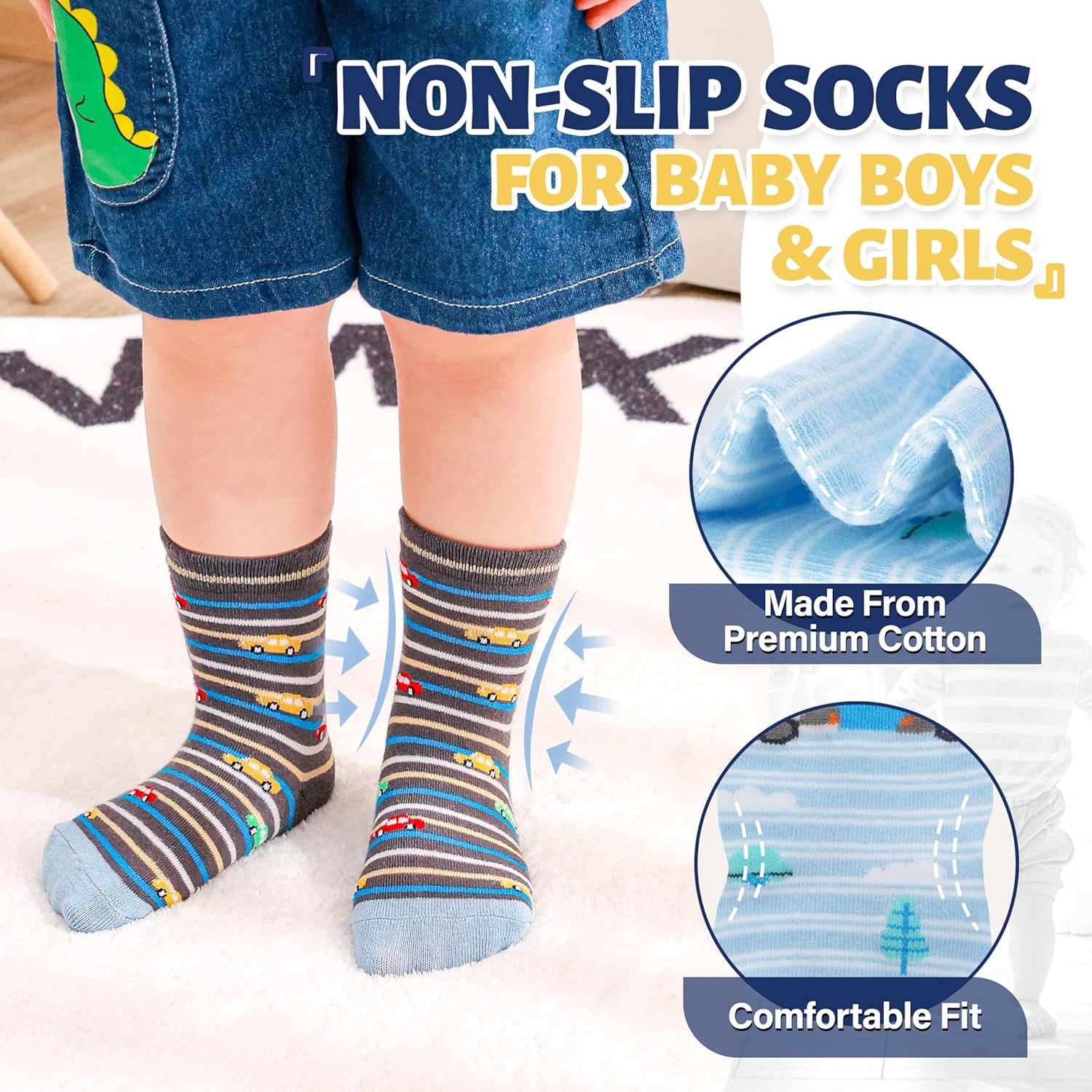 ANTSANG Toddlers Boys Girls Grip Socks Baby Kids Non Slip Anti Skid Fun Sweet Car Dinosaur Crew Cotton Gift Socks 12 Pairs - Image 2