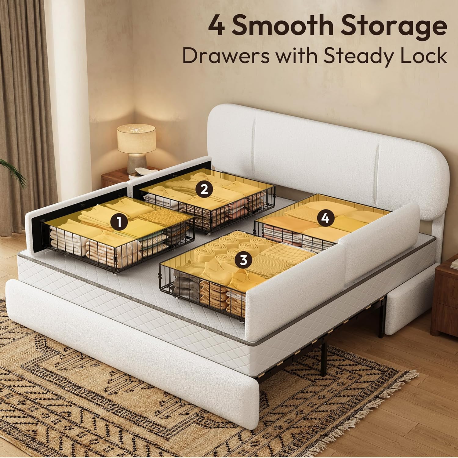 King Size Bed Frame with Storage, Boucle Cloud Bed with 4 Locking Drawers & LED Lights, Modern Upholstered Platform Bed, Plush Sides & Footboard, Adjustable Headboard, No Box Spring, Cream