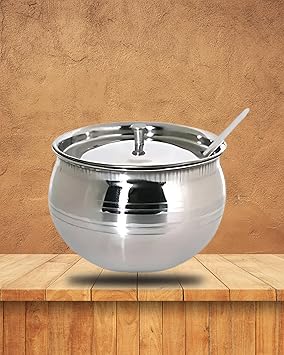 Wektu Stainless Steel Sugar/Tea/Ghee/Oil Bowl with Lid and Spoon, 8.9 x 7.6 cm, 250 ml Capacity, Round, Silver