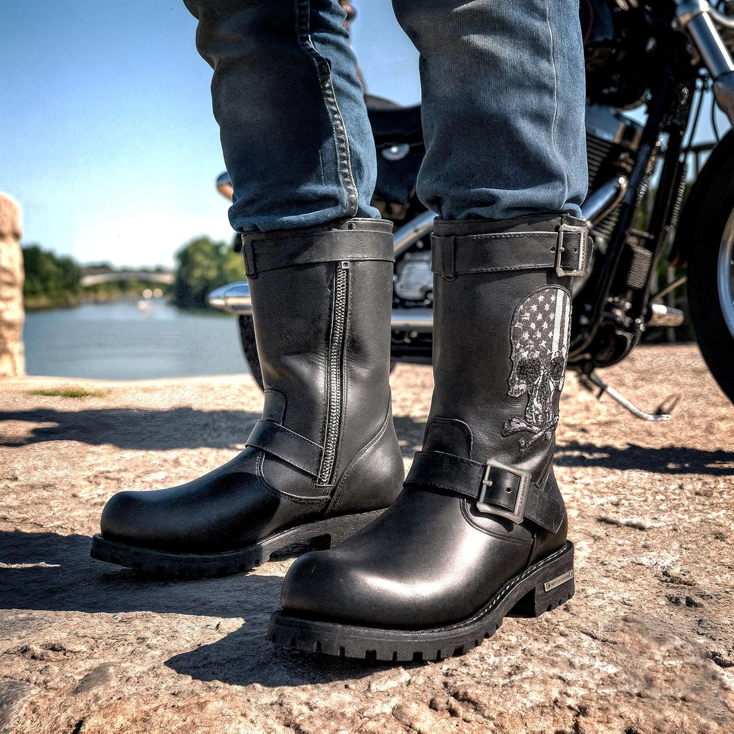 Hot Leathers BTM1018 Men’s Black Tall Harness Flag Skull Boot with Round Toe-Black-11