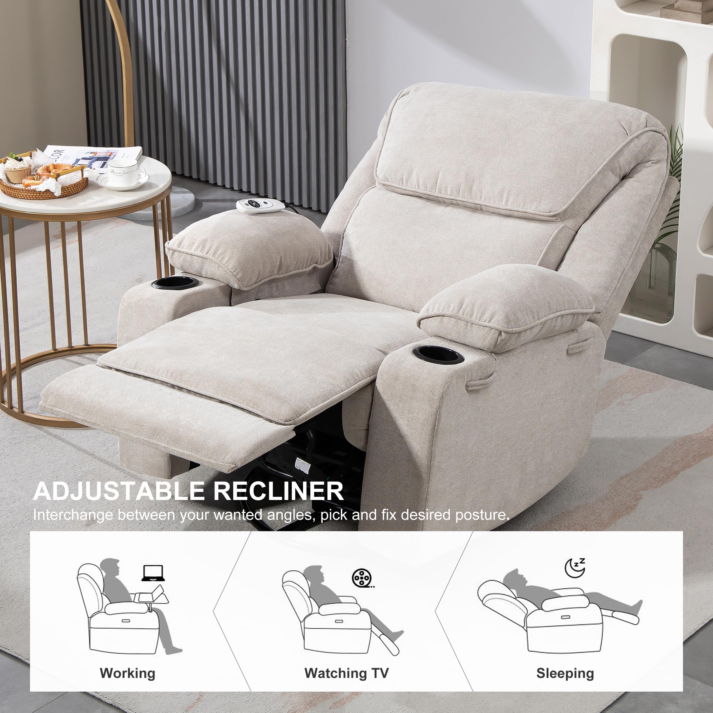 Fauteuil de Relaxation Massage Chaise massant avec Dossier Inclinable Manuellement 150° et Repose-Pied, Fauteuil TV Télécommande Incluse Massage en 8 Points et Fonction Chauffante,Pivotement à 360
