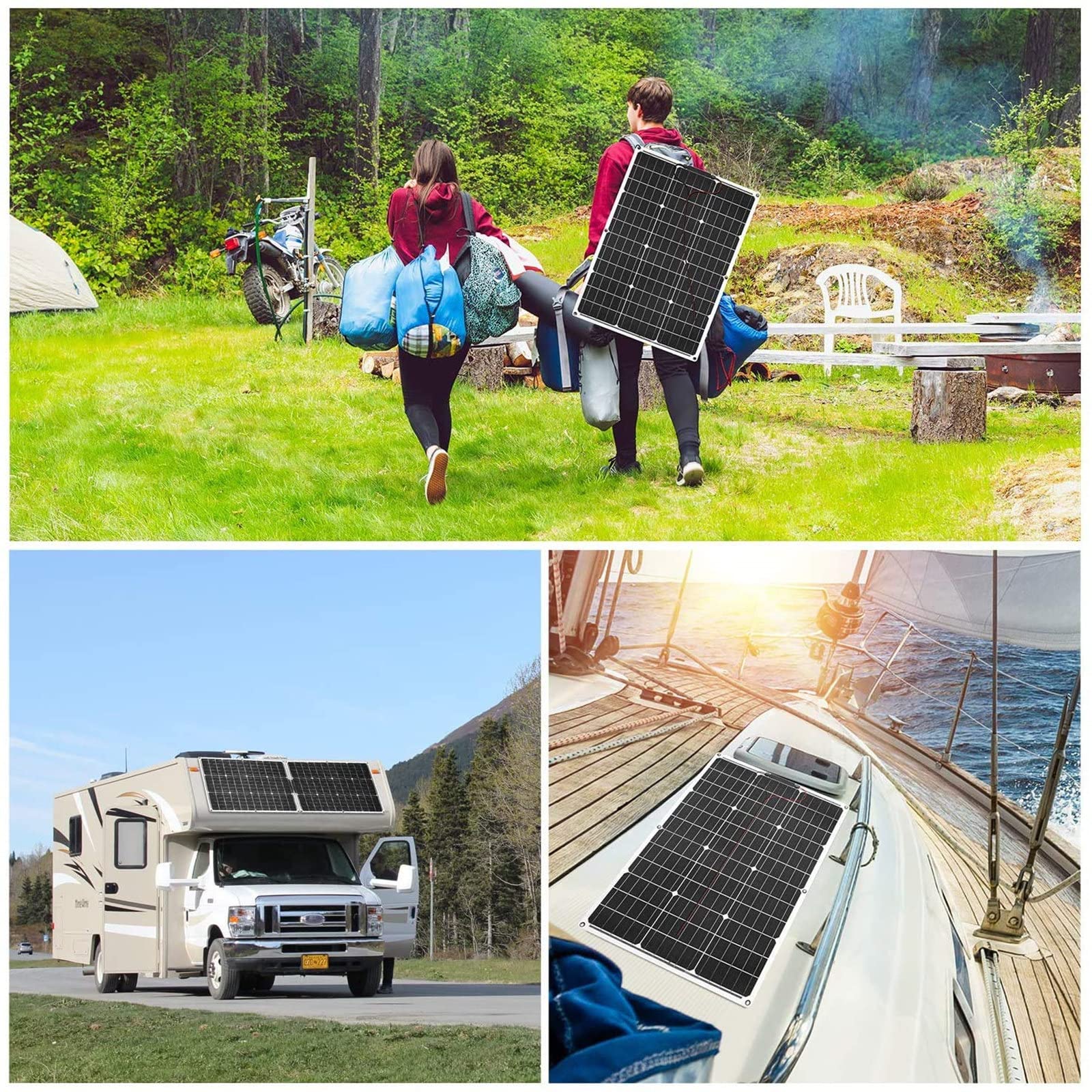 WZFANJIJ 50W Panel Solar 50W16V Módulo fotovoltaico monocristalino para Carga de batería de Barco RV Camper,100W(2pcs*50W)