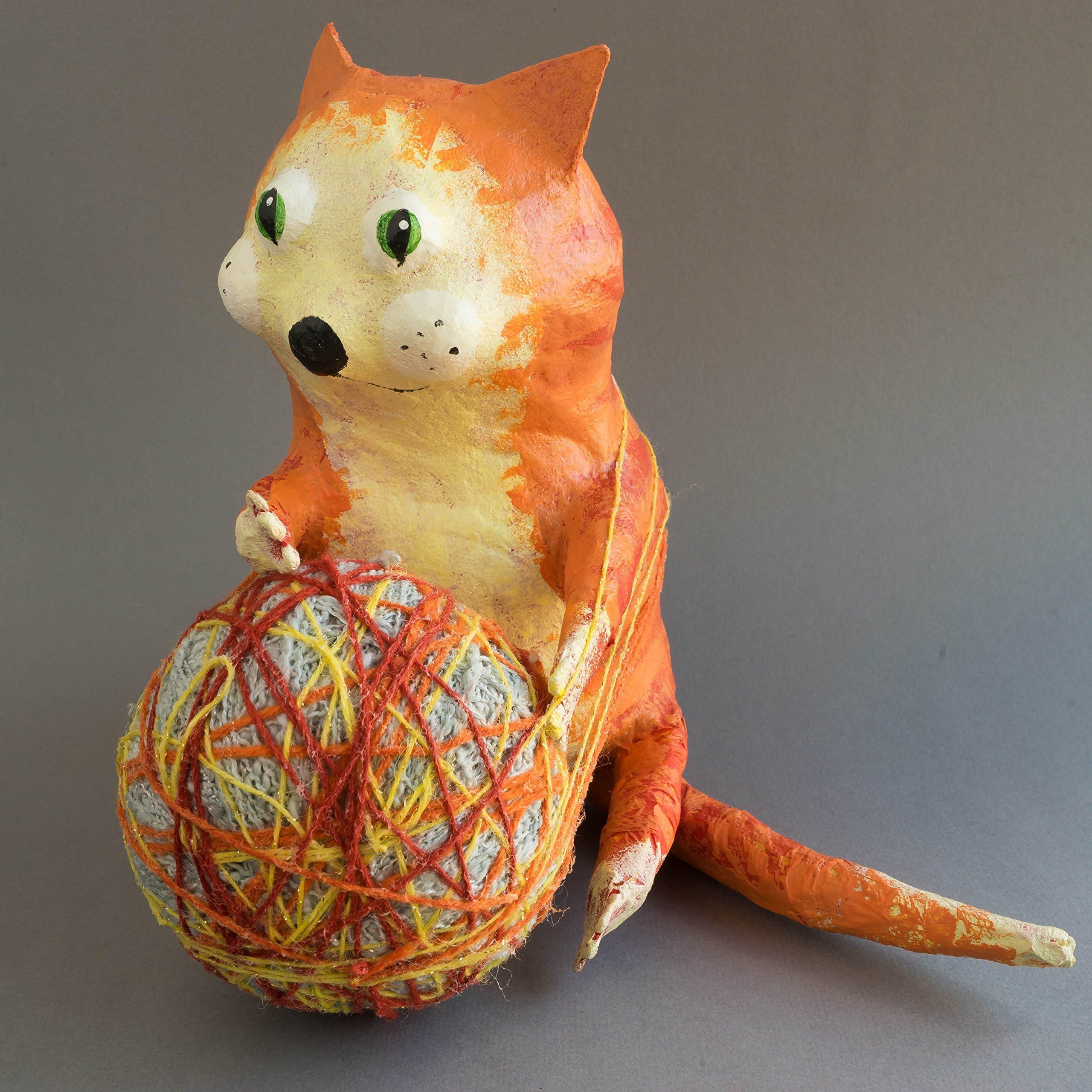 Fat Cat with A Ball, OOAK Handmade Art Doll, Papier Mache Sculpture, Home Décor, Unique Original 3D Artwork