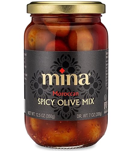 Mina Mezcla de aceitunas picantes, 12.5 onzas – Aceitunas marroquíes seleccionadas a mano de primera calidad con harisa de chile rojo, aceitunas