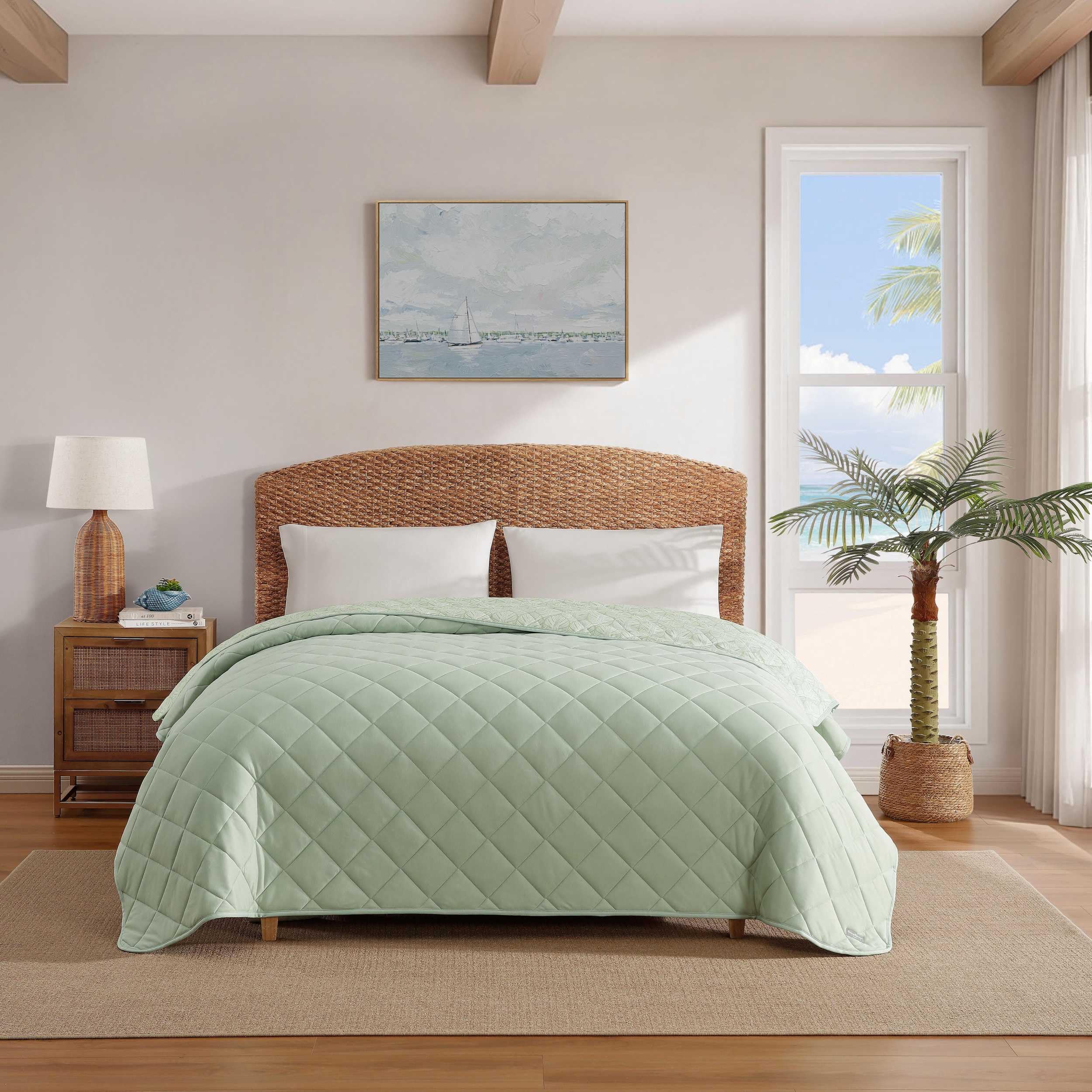 Tommy Bahama Cooling Blanket, Soft Bamboo Blend Bedding With Quilted Design, Lightweight Bed Blanket For All Seasons – Queen Size (Sea Foam Green)