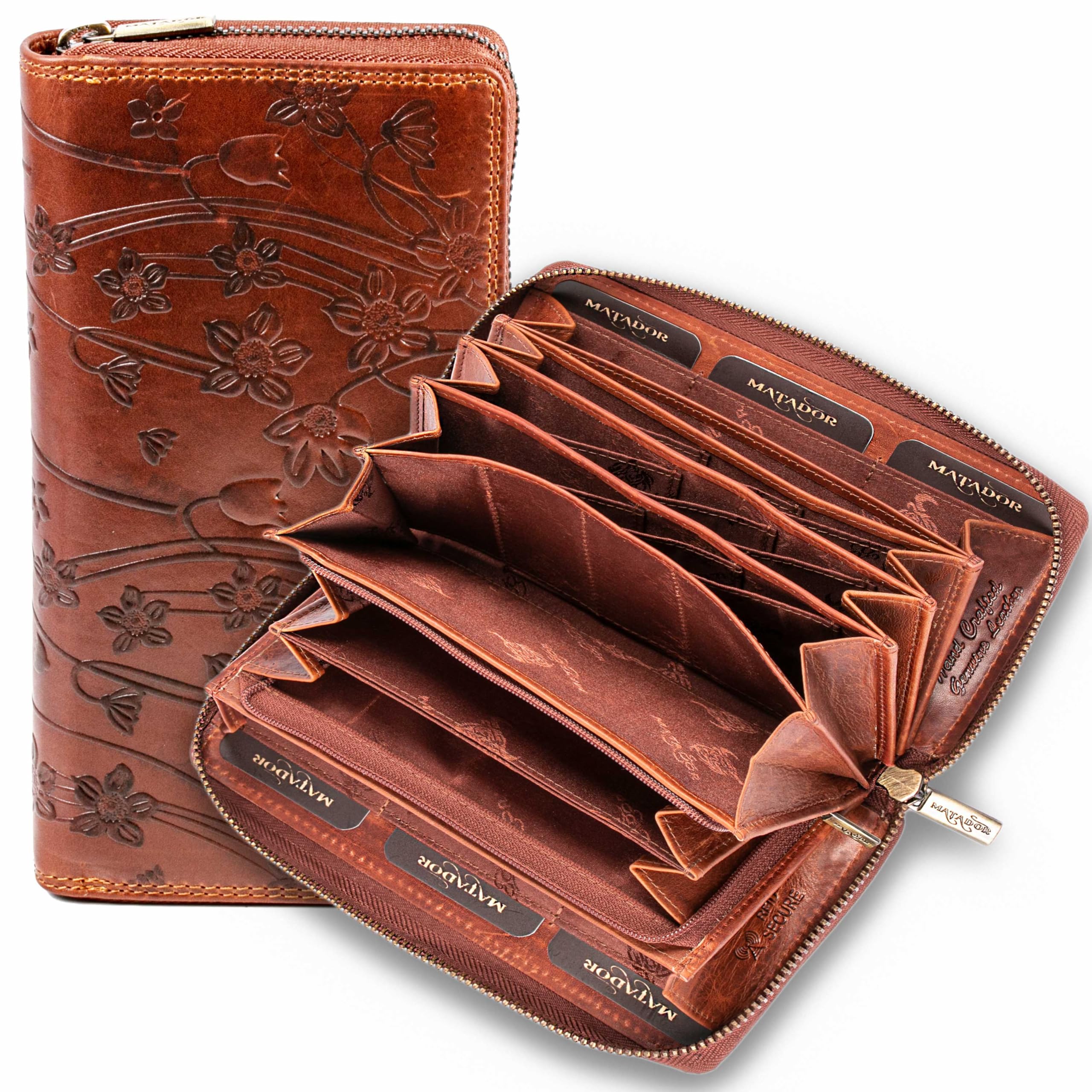 MATADOR XL Karten Portemonnaie Geldbeutel Damen Leder Groß #GIRONA mit edler Geschenk Box, Portmonee Geldbörse Damen Gross mit RFID Blocker, Geldtasche Brieftasche, Damenportemonnaie Blumen Braun