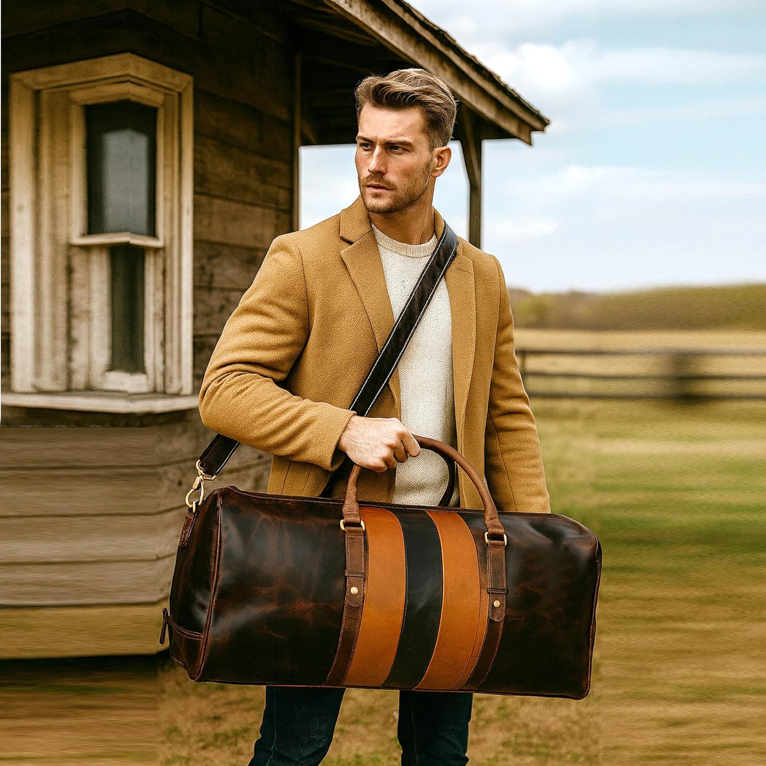 Genuine Leather Duffel Travel Overnight Weekend Leather Bag Sports Gym Duffel Luggage Travel Bag For Men And Women travelling cabin duffle Bags 24 Inch (retro) - Image 3