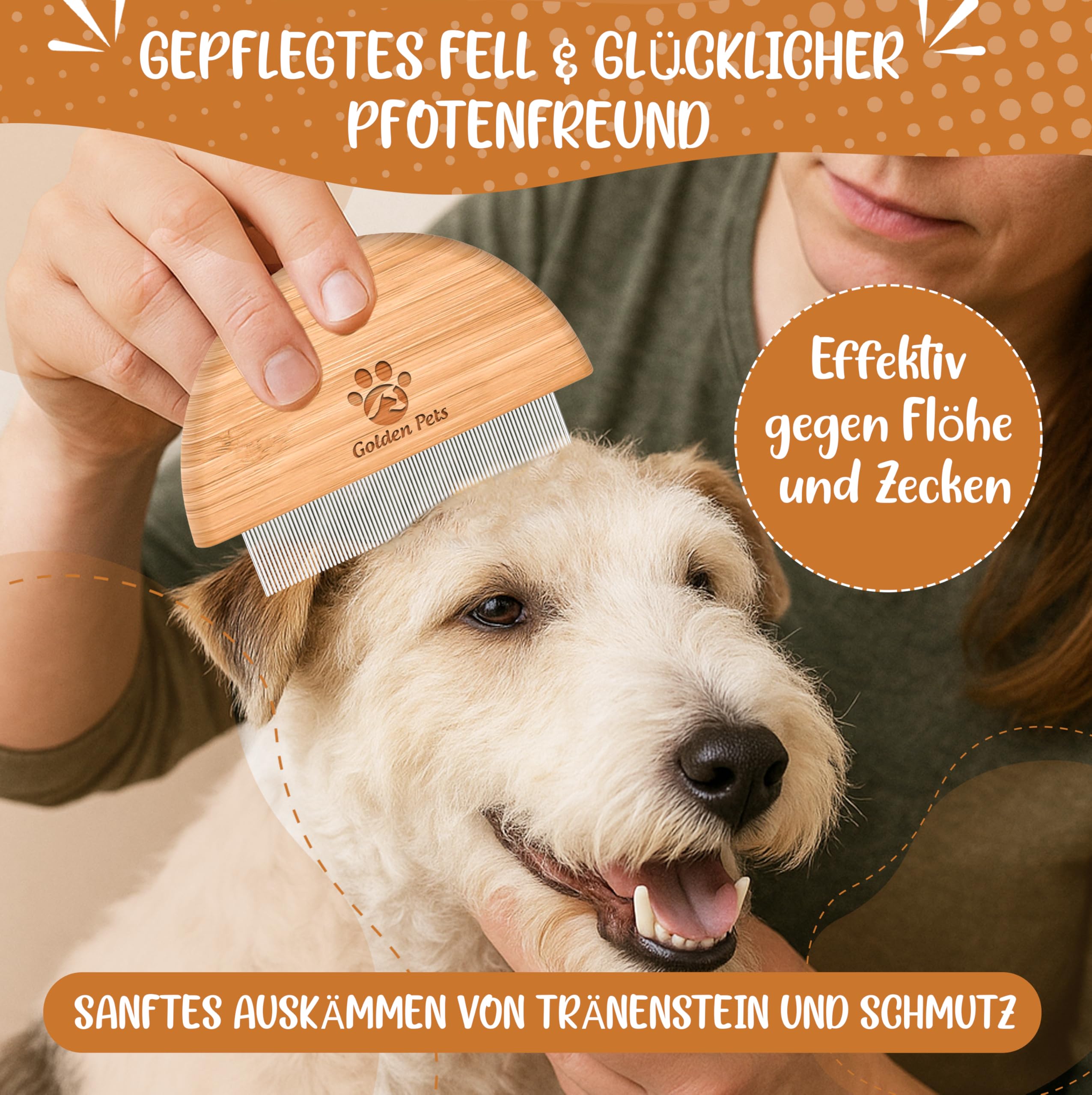 Golden Pets Bambus Flohkamm I Entfernt Flöhe bei Hunde & Katzen I Läusekamm, Staubkamm, Haustierkamm, Zeckenbürste, Nissenkamm + E-Book Pflegehandbuch
