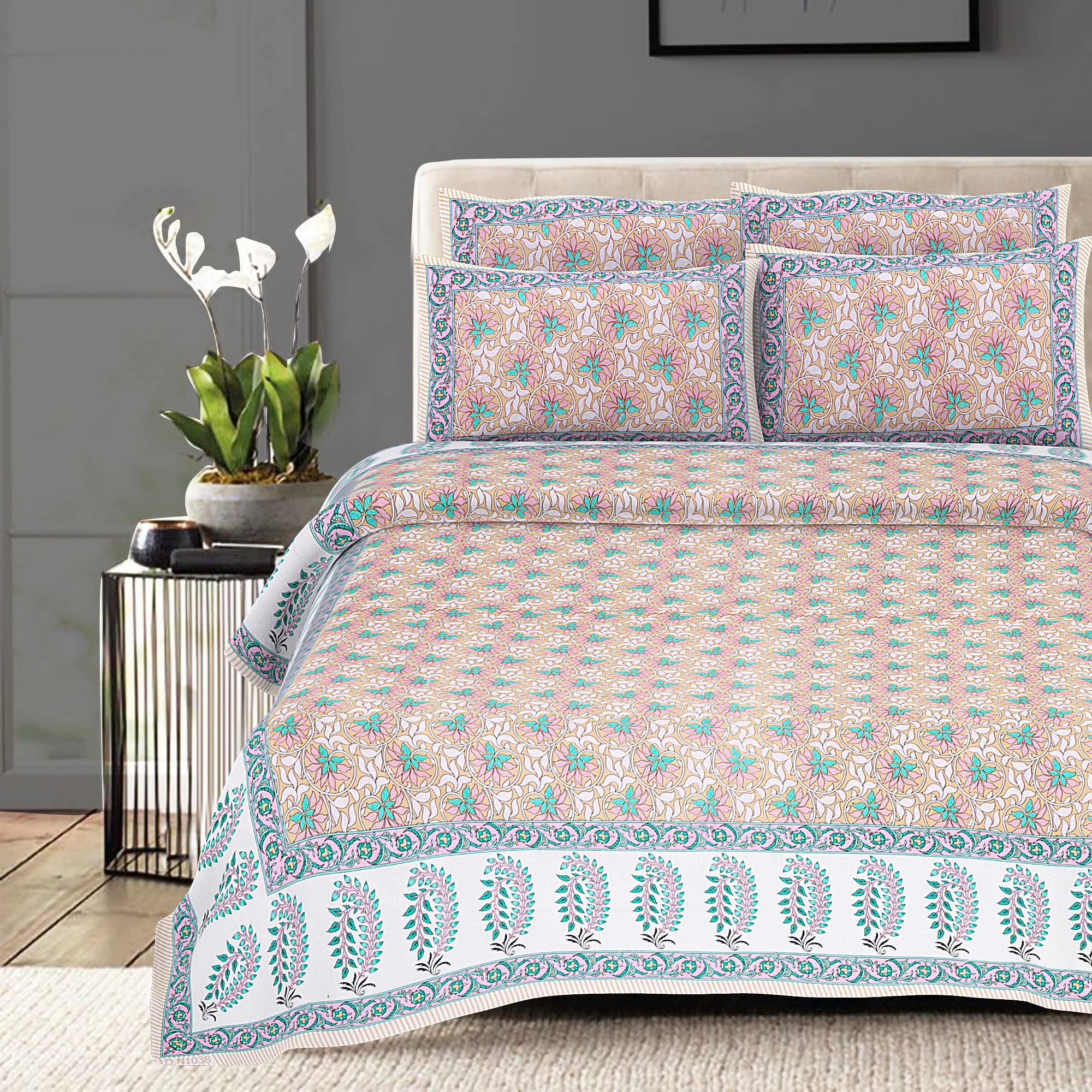 JAIPUR PRINTSHand Block Floral Printed 300 TC Cotton King Size Bedsheet (White SnowLove)