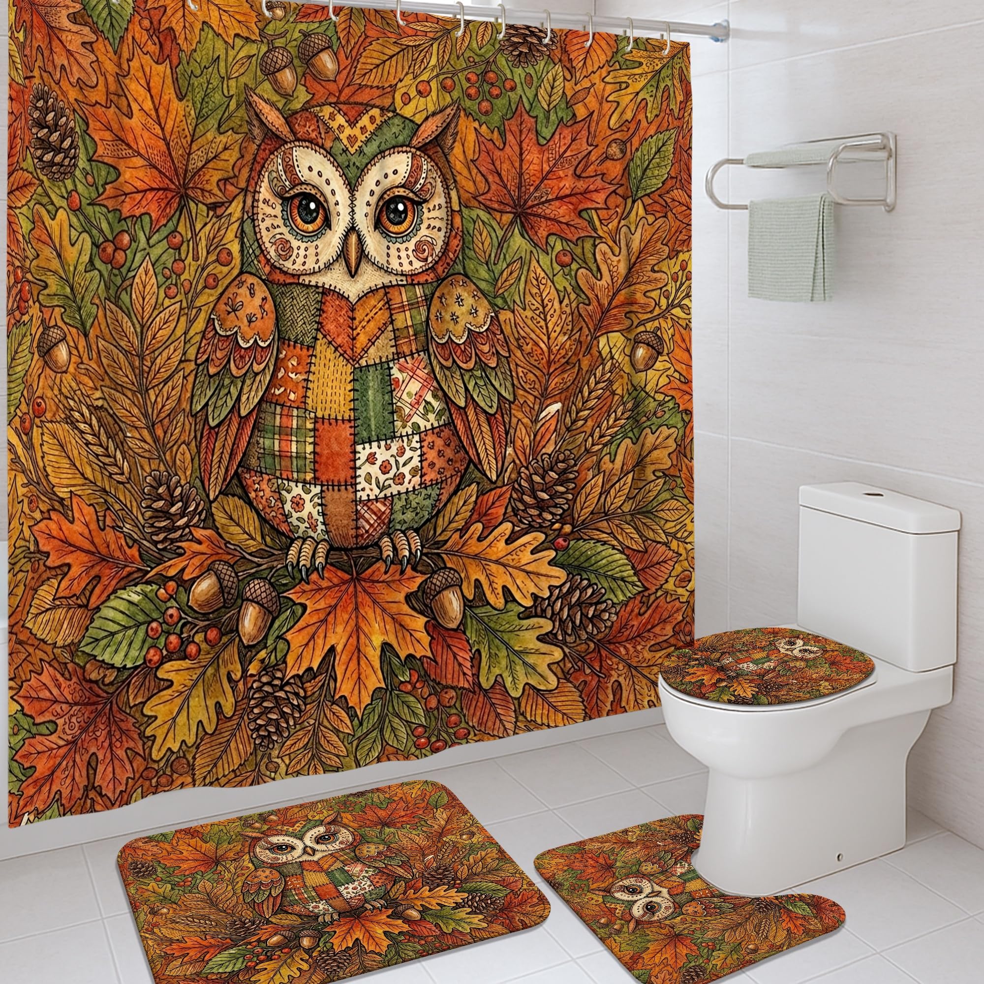 Rideaux de douche 183x183 cm hiboux en toile orange avec tapis de bain