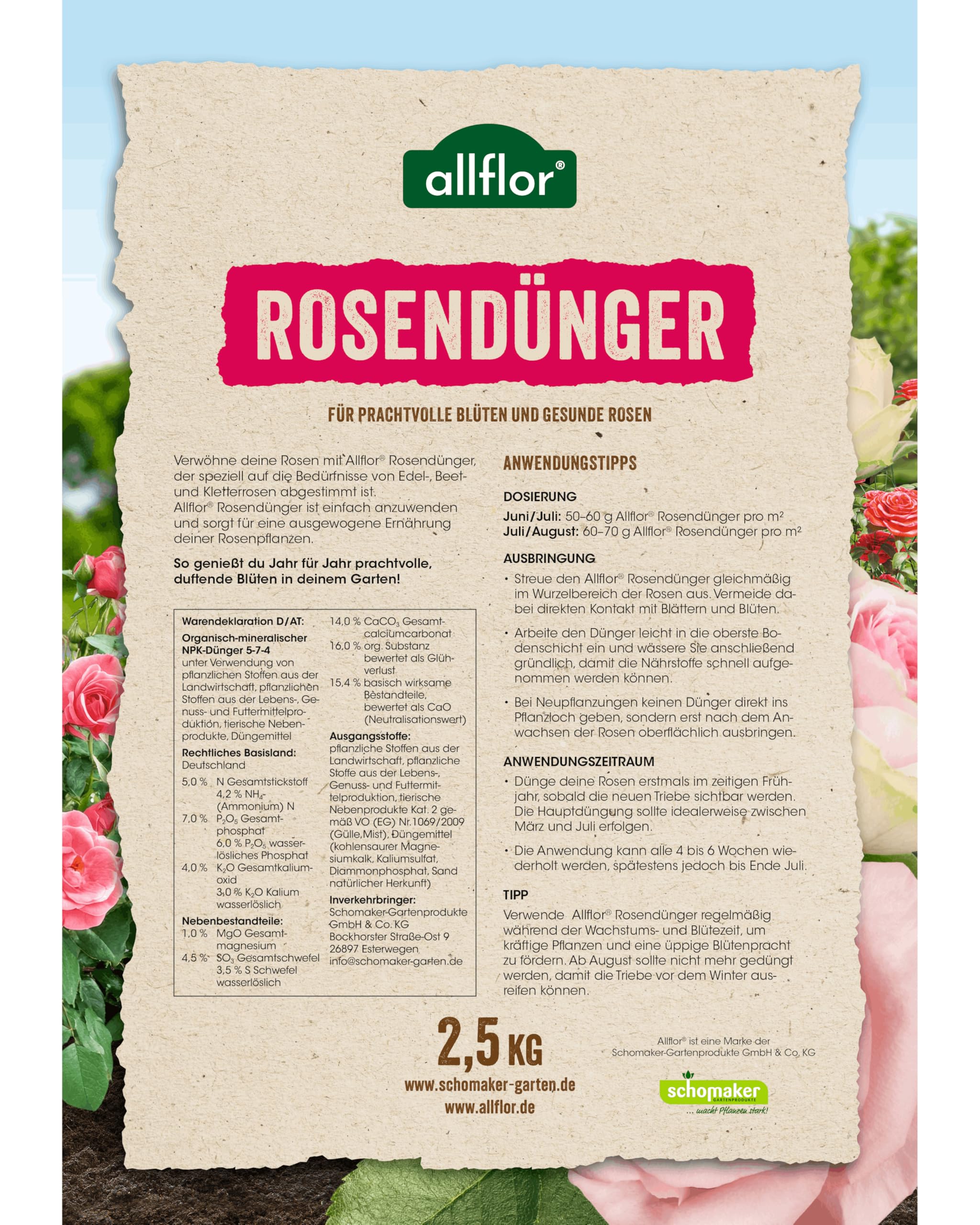 Allflor Rosen-Dünger 2 x 2,5 Kg in der Faltschachtel I Rosendünger mit organisch-mineralischer Nährstoffkombination und spezieller Rosen-Formel I NPK-Dünger 5+7+4 plus Magnesium