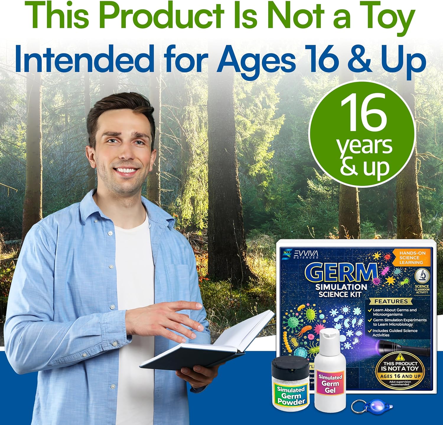 ES EVVIVA SCIENCES Germ Simulation Science Kit – Glow-in-the-Dark Powder & Gel - Blacklight Reactive Demonstration - Classroom Lab Activity - Ages 16+ - Simulates Transfer on Hands & Surfaces