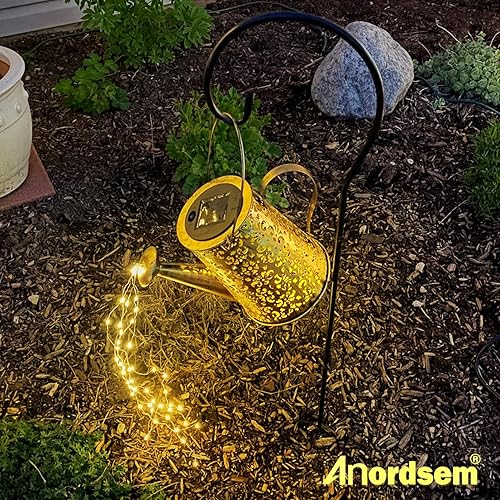 Miniatura 7 de Anordsem Luces solares para regadera linterna colgante de metal para exteriores con gancho, LED de hadas impermeable para decoración de patio,