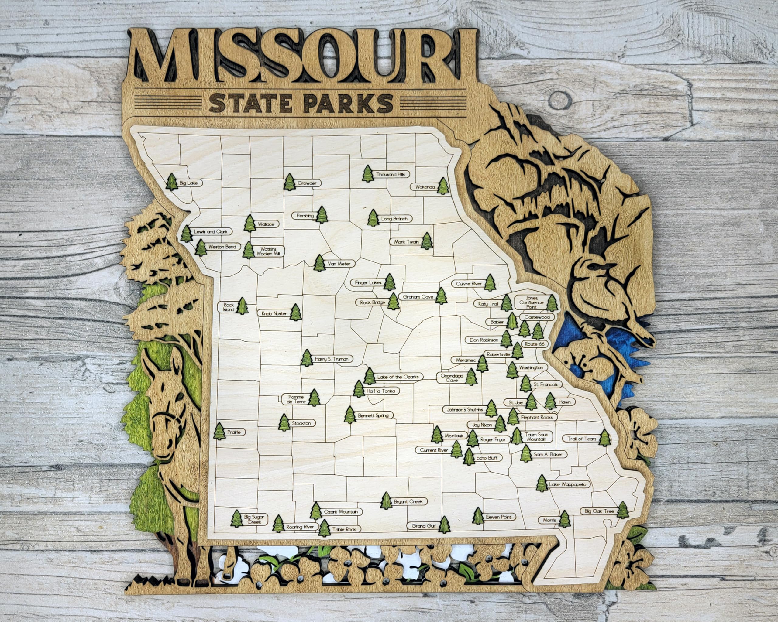 Missouri Custom State Park Travel Map Sign, Triple Layer Natural Wood Sign, Missouri State Parks Travel Map, Personalized Tracker Map