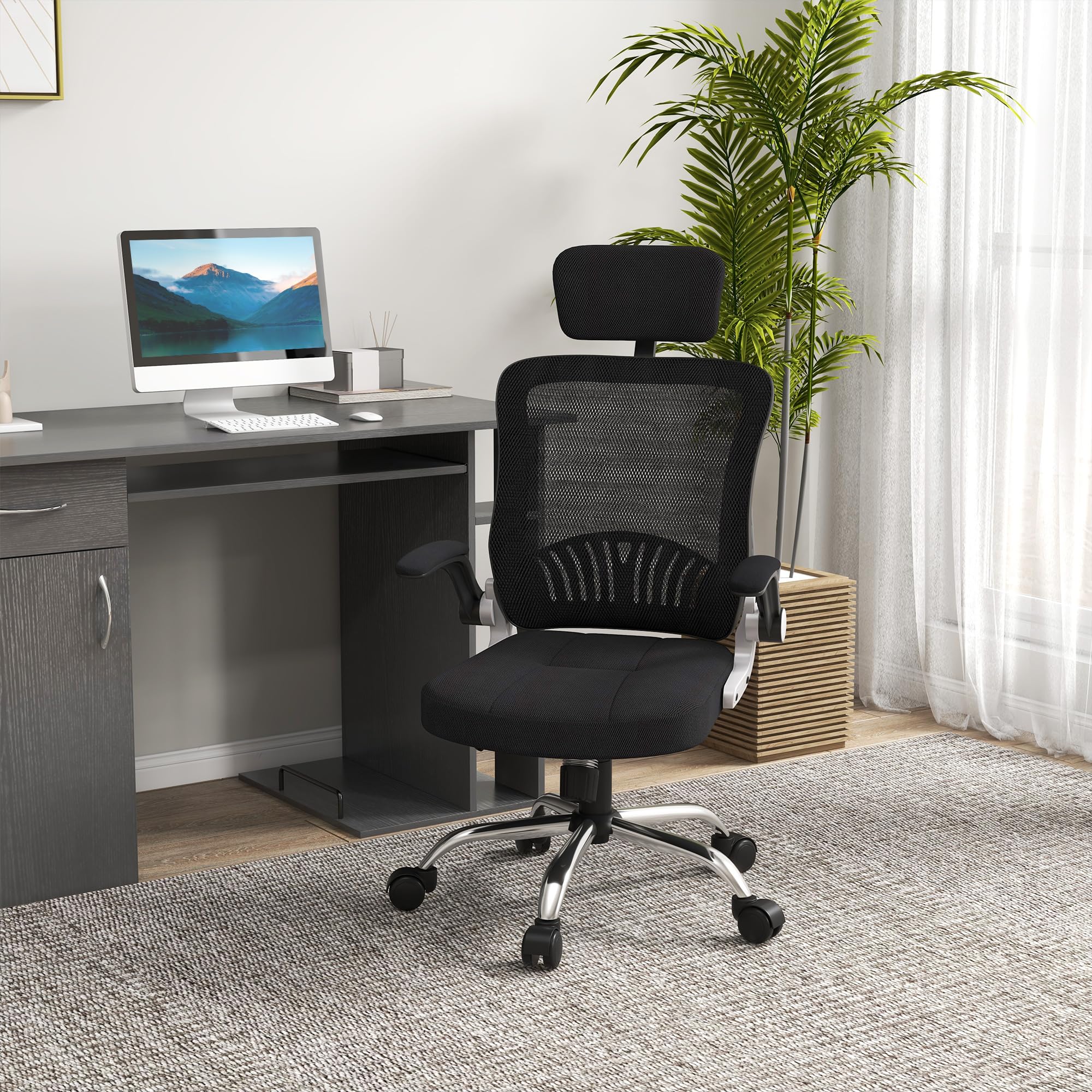 Sedia Ufficio Ergonomica HOMCOM - Braccioli Ribaltabili, Poggiatesta E Schienale Rete