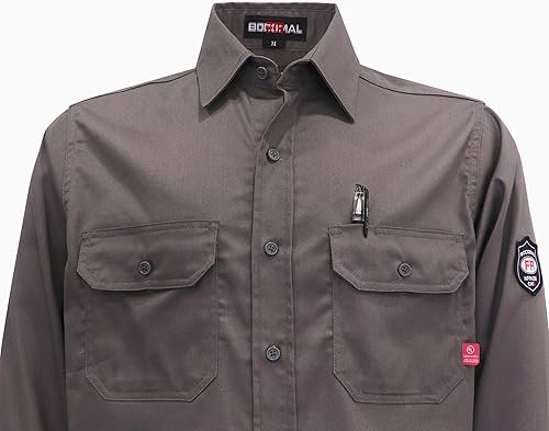 Miniatura 84 de BOCOMAL FR Shirts 6.25oz Camisas de soldadura ligeras Camiseta ignífuga para hombre ignífuga Rojo/Blanco,Gris,claro,Azul marino con broche