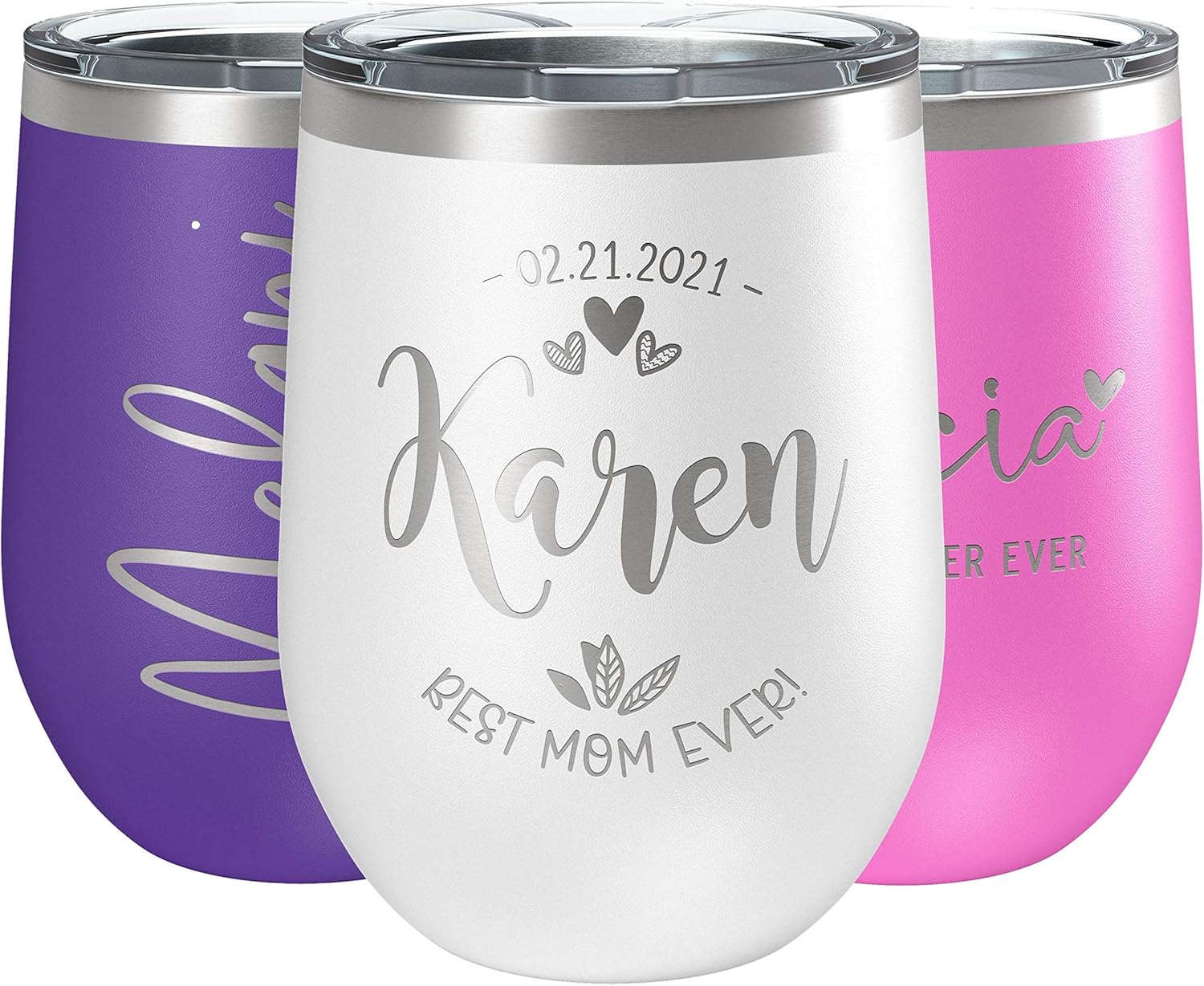 Personalized Wine Tumblers, 12 oz White, 12 Designs, Stainless Steel Custom Wine Tumblers, Double-Wall, Vacuum Insulated, Personalized Gifts for Women