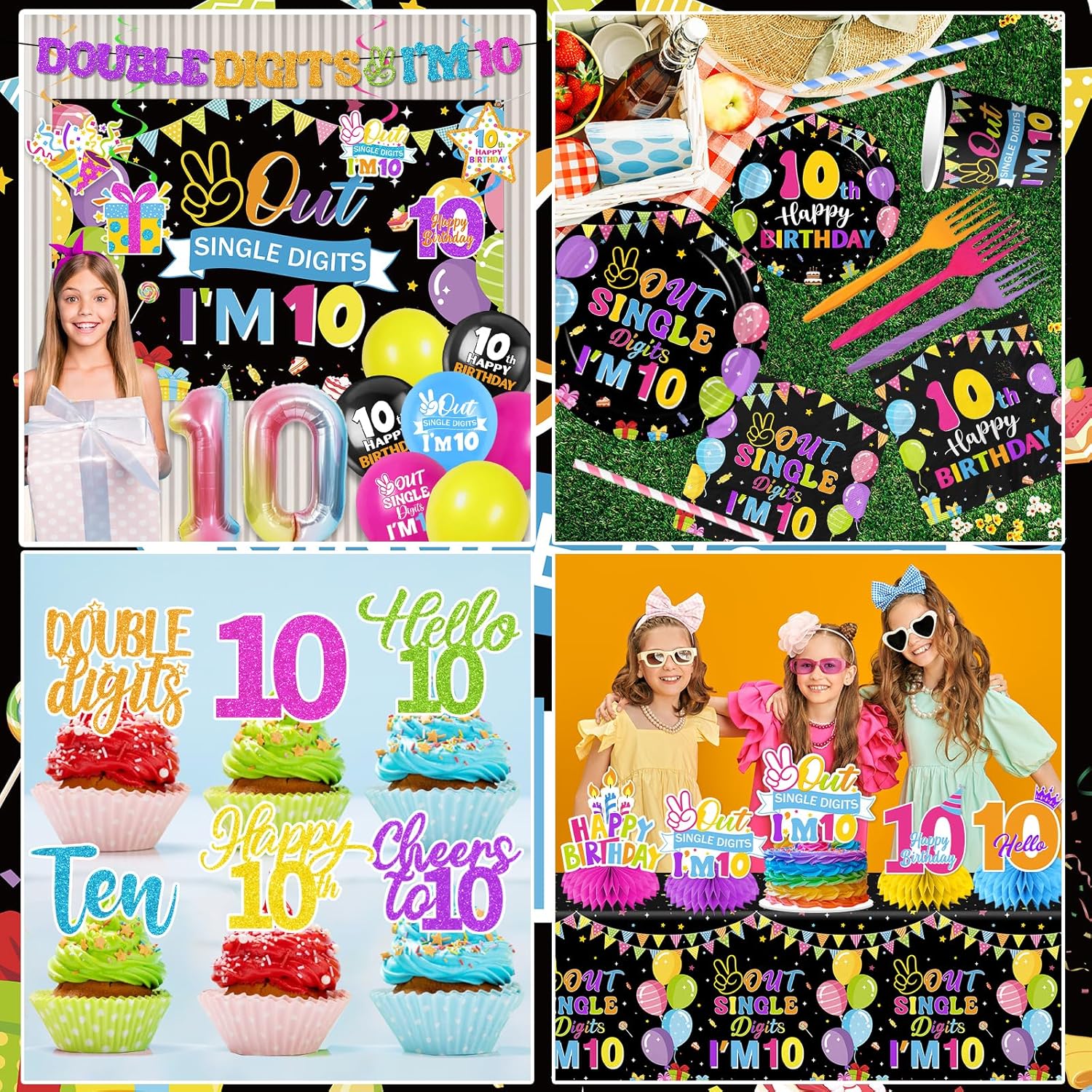 10th Birthday Decorations for Girl,172pcs 10 Year Old Girl Birthday Decorations Double Digits Birthday girl Plates and Napkins Cups Tablecloth Banner Honeycomb for Peace Out Single Digits Party Decor