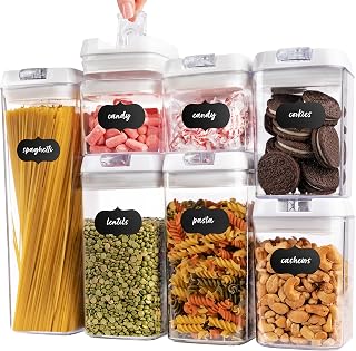 Airtight Food Storage Containers, Clear Plastic, Lid Lock, Reusable Stickers, Various Sizes, BPA Free, Perfect Dry Food Storage Organization for Kitchen and Pantry, (Set of 7)