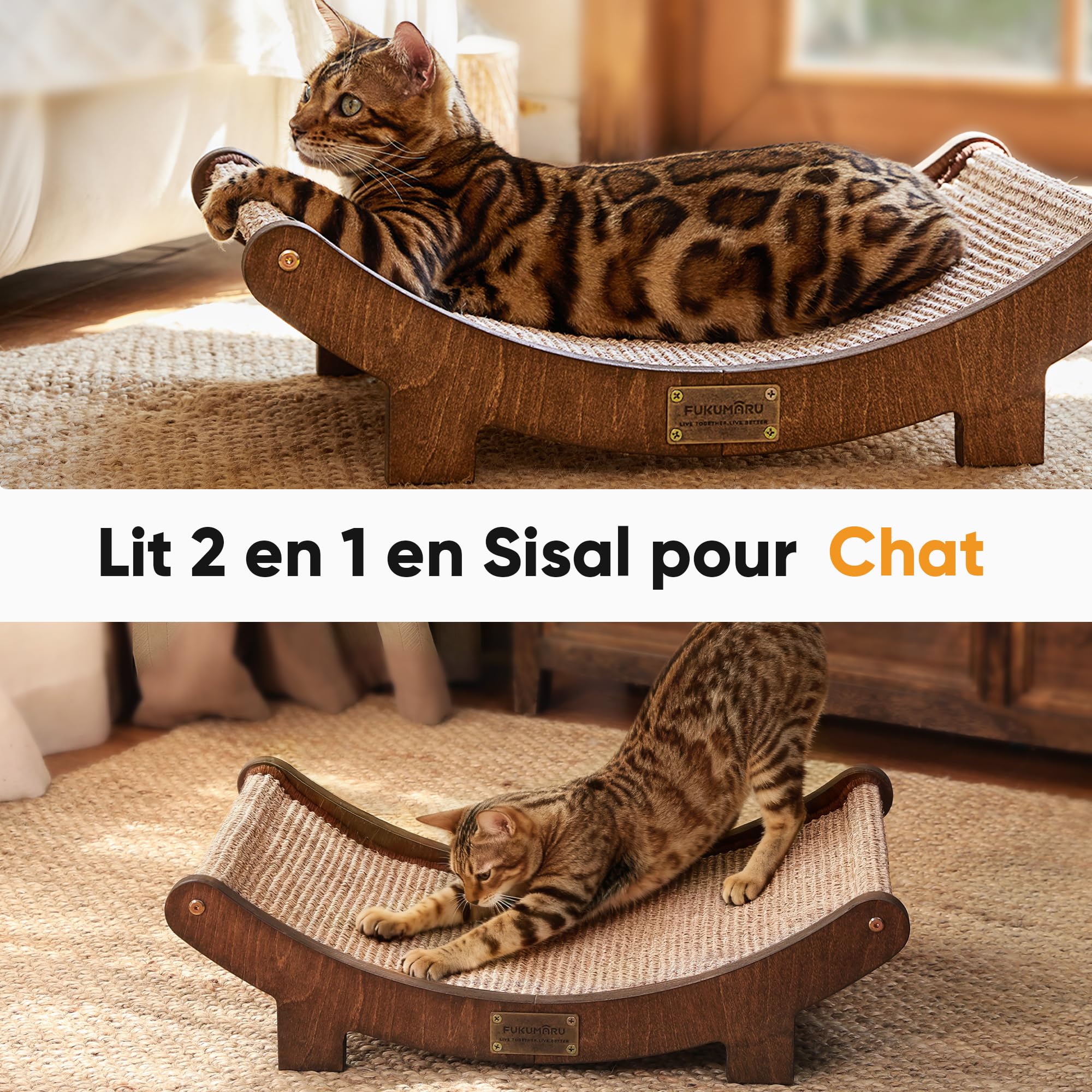 FUKUMARU Griffoir pour Chat, 60 cm Lit de Grattoir Durable d'Intérieur, Grand Coussin à Griffes, Hamac en Sisal Naturel, Chaise Longue avec Cadre en Bois Massif pour Dormir et Gratter, Marron