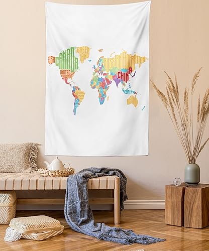 Ambesonne Tapiz de mapa del mundo, mapa colorido con nombres de países, colgante de pared para dormitorio, sala de estar, decoración de dormitorio,