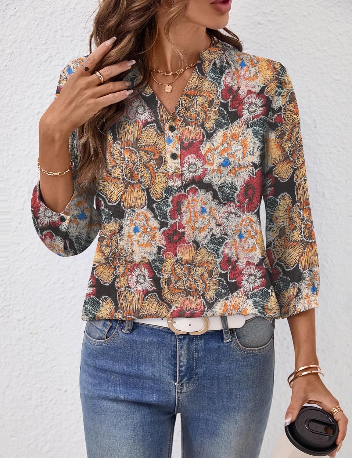 LOMON Womens Tops Dressy 3/4 Length Sleeve Henley V Neck Button Down Shirts Pleated Blouses S-XXL - Image 3