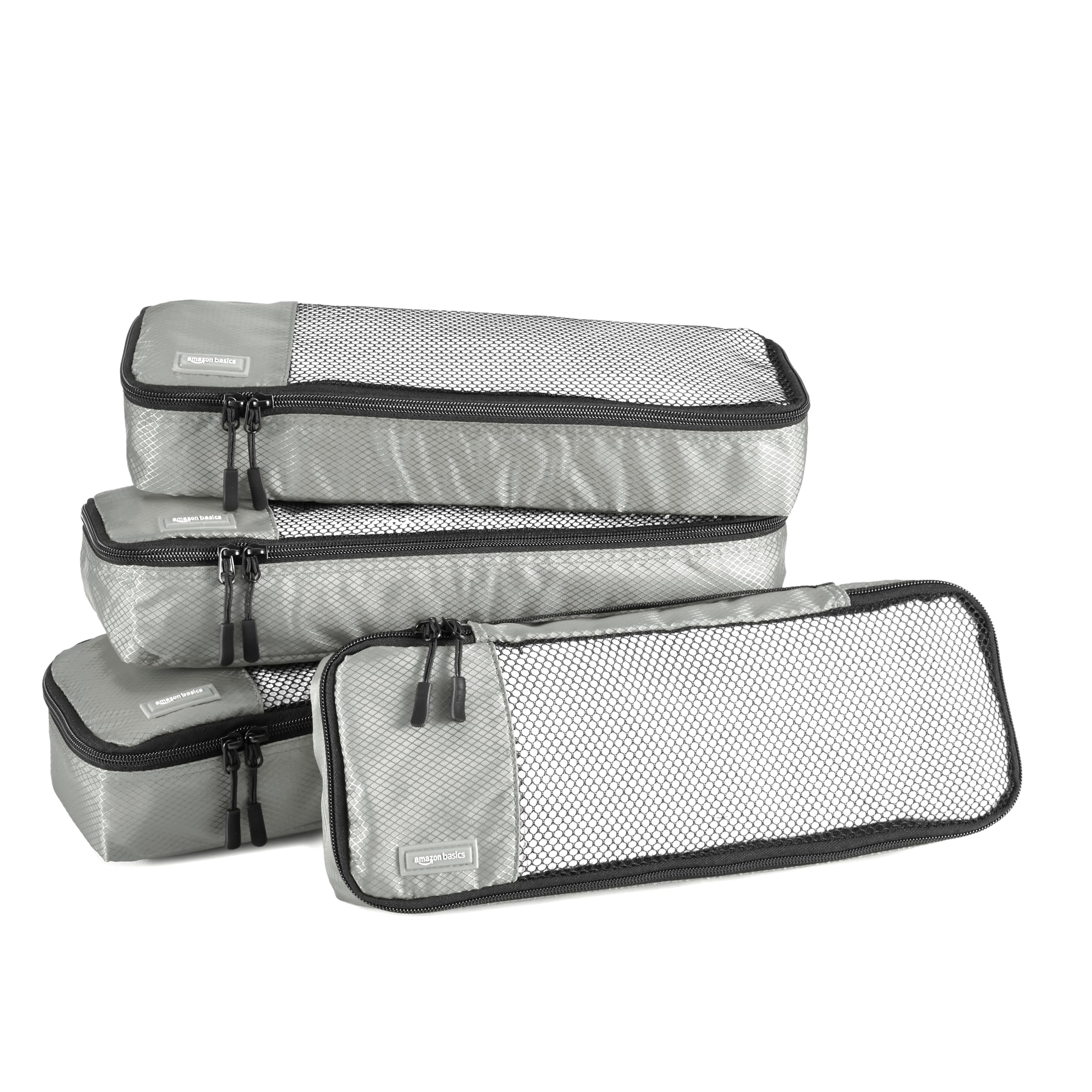 Amazon Basics Organizer da Viaggio Salvaspazio per Valigie, con Cerniera, Set da 4 Pezzi, Sottile, Grigio
