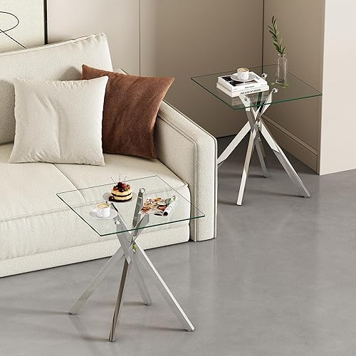 Miniatura 3 de Goujxcy Juego de 2 mesas auxiliares pequeñas de cristal, mesa auxiliar de vidrio con patas de metal plateado, moderna mesa auxiliar cuadrada de