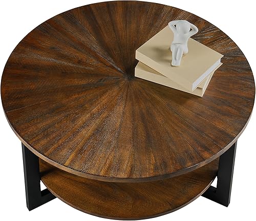 Miniatura 10 de LEEMTORIG KFZ-1338 - Mesa de centro redonda redonda para sala de estar, mesa de centro redonda de madera maciza de granja con almacenamiento, mesa