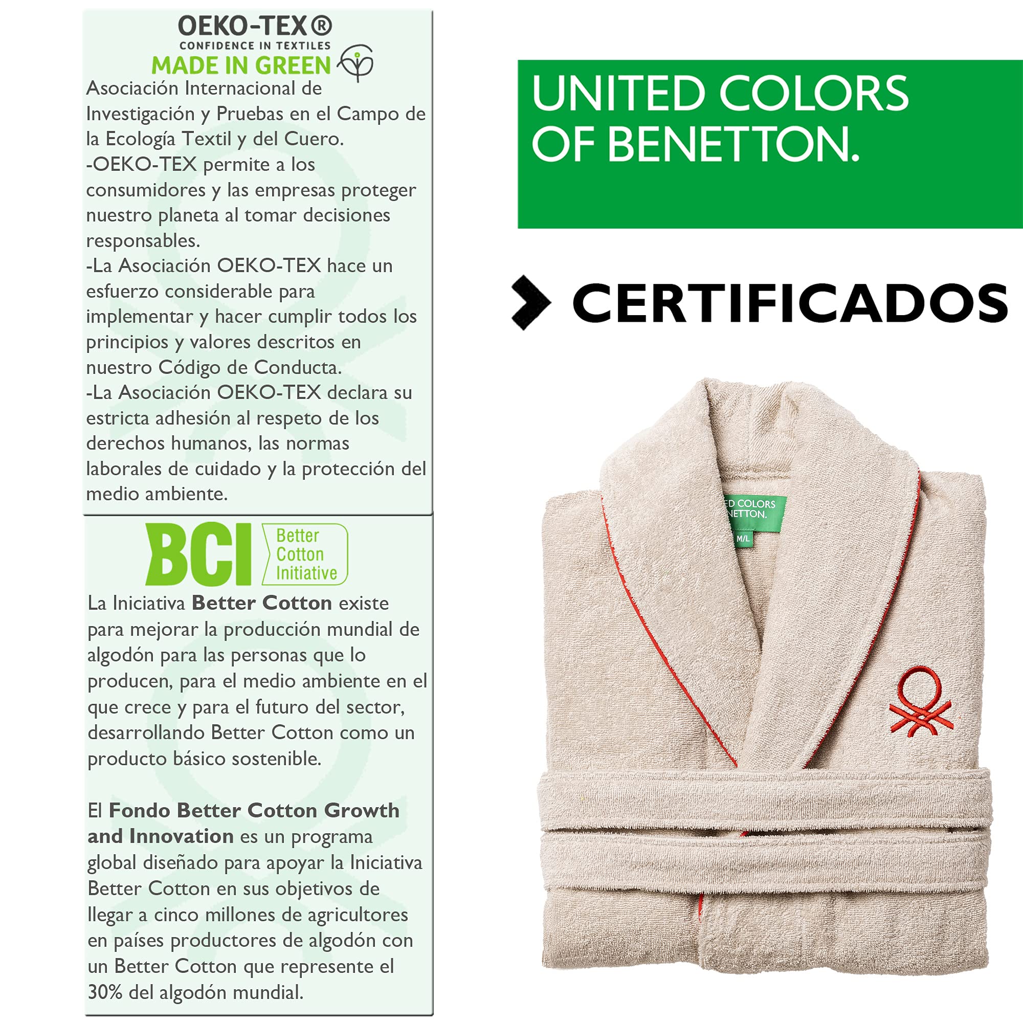UNITED COLORS OF BENETTON. Szlafrok unisex męski lub damski 360gsm 100% bawełna, kremowy, Kremowy, L-XL