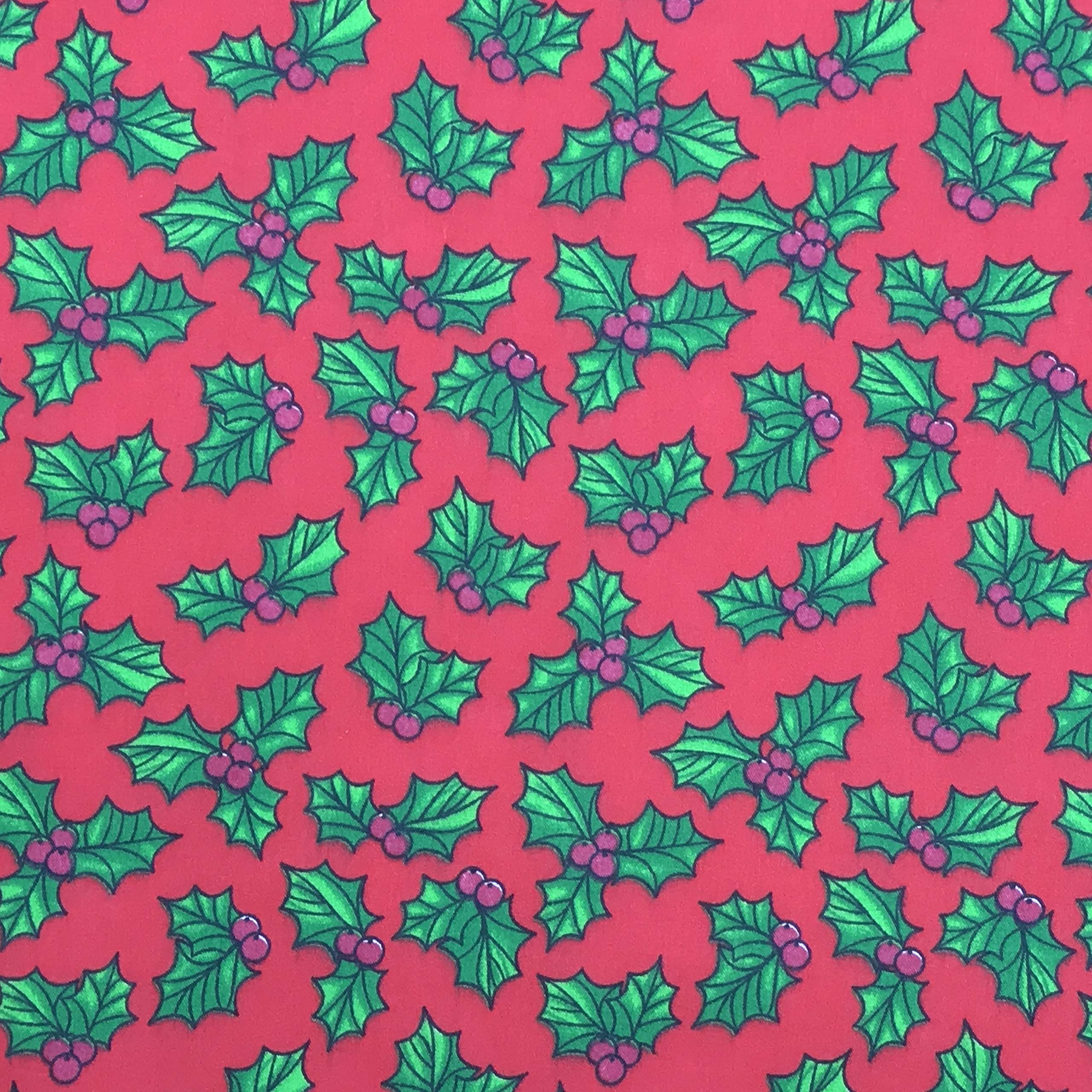 PRESTIGE FASHION Christmas polycotton print fabrics XMAS decoration crafts quilting dress fabric runners patchwork fabric - by the METRE (Holly Leaves - Red)