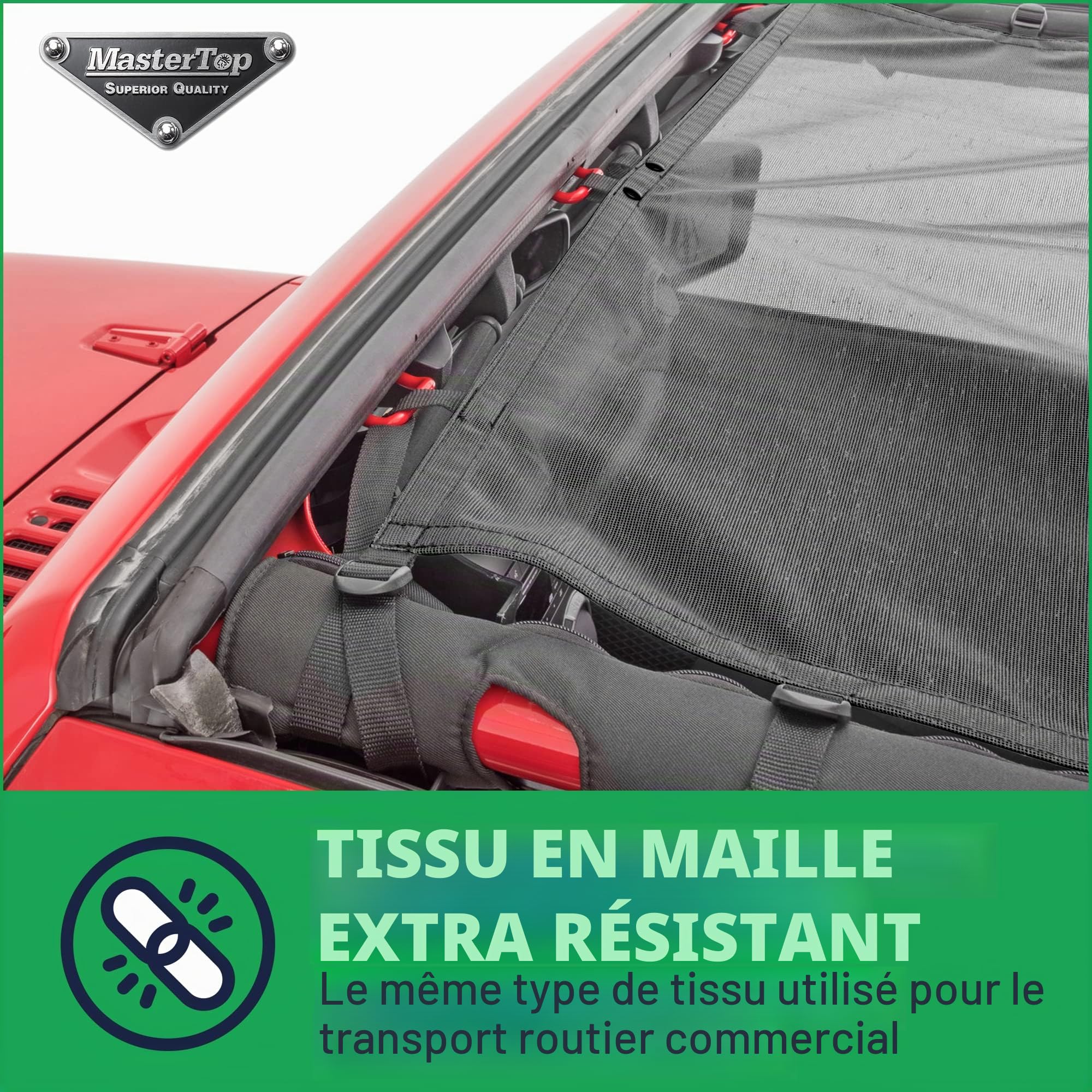MasterTop Freedom Mesh Bimini Plus Top en Noir | Compatible avec Les véhicules Jeep JK 2 Dr Wrangler 2007-2018 | Pas Besoin de retirer Lors du Remplacement du Toit Rigide | 14221401