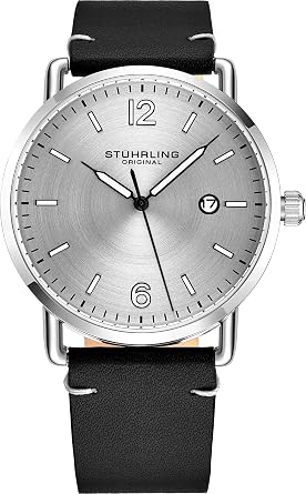 Stuhrling Original Mens Watch Leather or Bracelet Watch Band Silver Dial with Date Minimalist Style 38mm Case - 3901 Watches for Men Collection