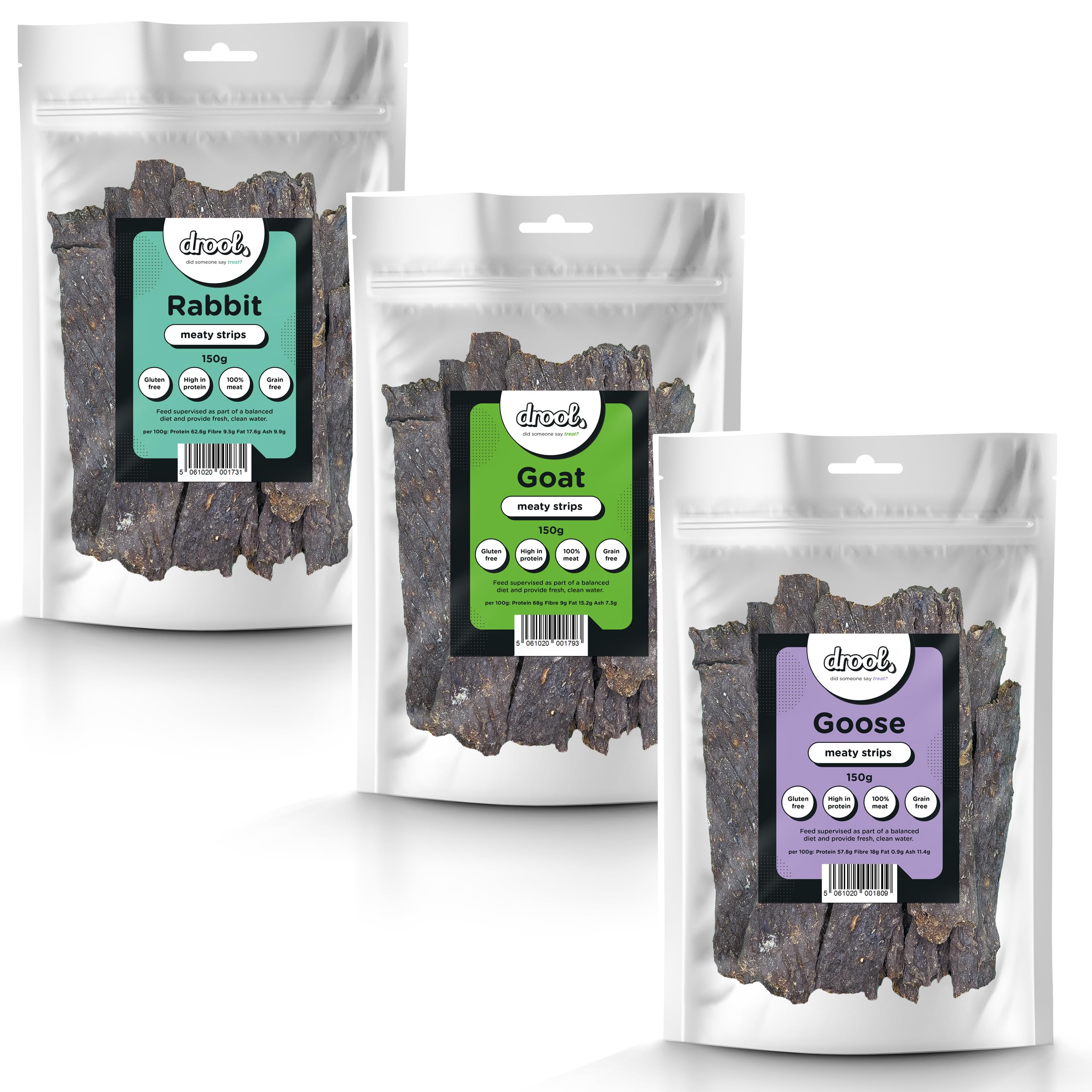 Drool Pet Products | 100% Pure Dried Fresh Meat | Triple pack Rabbit, Goat, Goose Meaty Strips for Dogs 3 x 150g | Air-Dried Nibbles Dog Chews for Dogs & Puppies