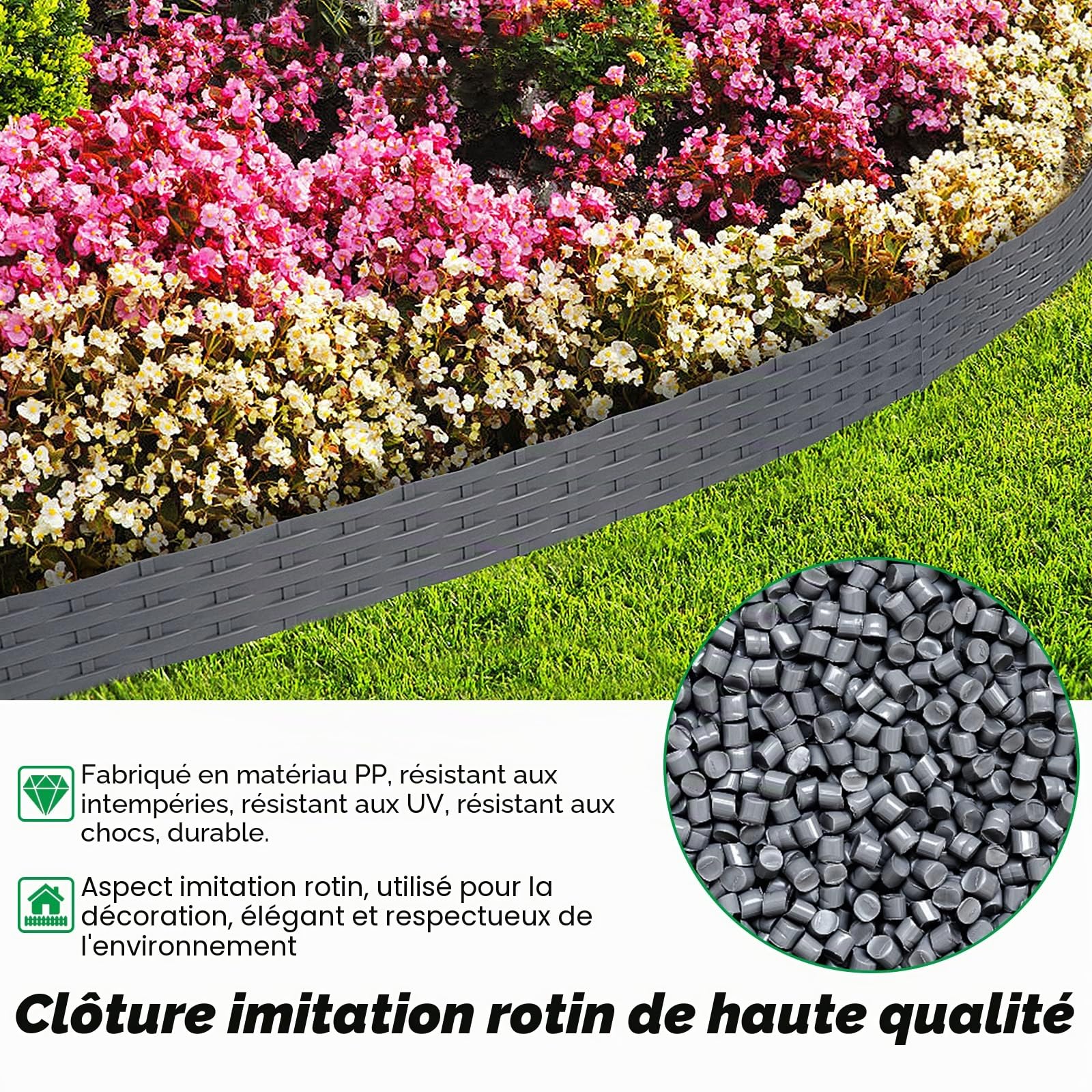Lot de 5 bordures de pelouse en plastique aspect rotin - 5 m - 100 x 20 cm - Anthracite