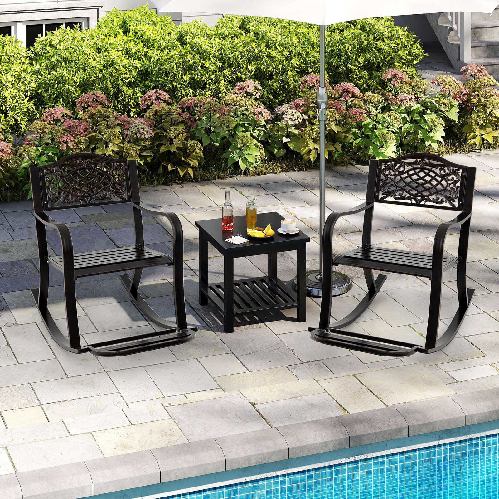 COSTWAY Schaukelstuhl mit Fußstütze, Schaukelsessel aus Aluminiumguss, Relaxstuhl, Schwingsessel, Gartenstuhl für Garten, Terrasse, Balkon